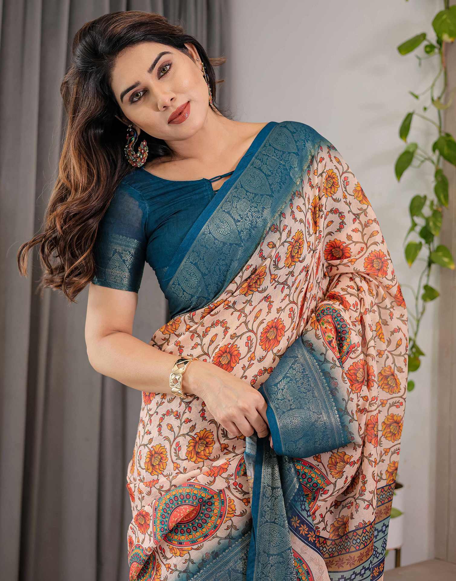 Light Peach Linen Printed Saree