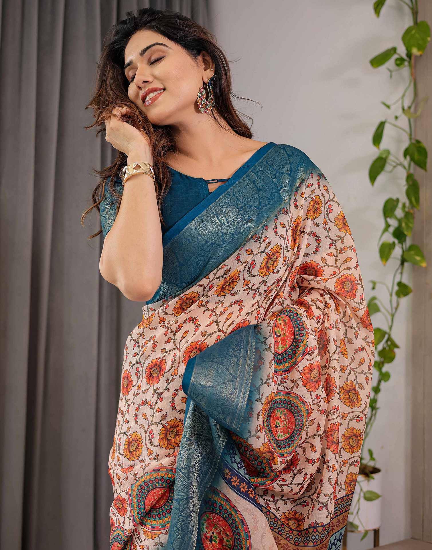 Light Peach Linen Printed Saree