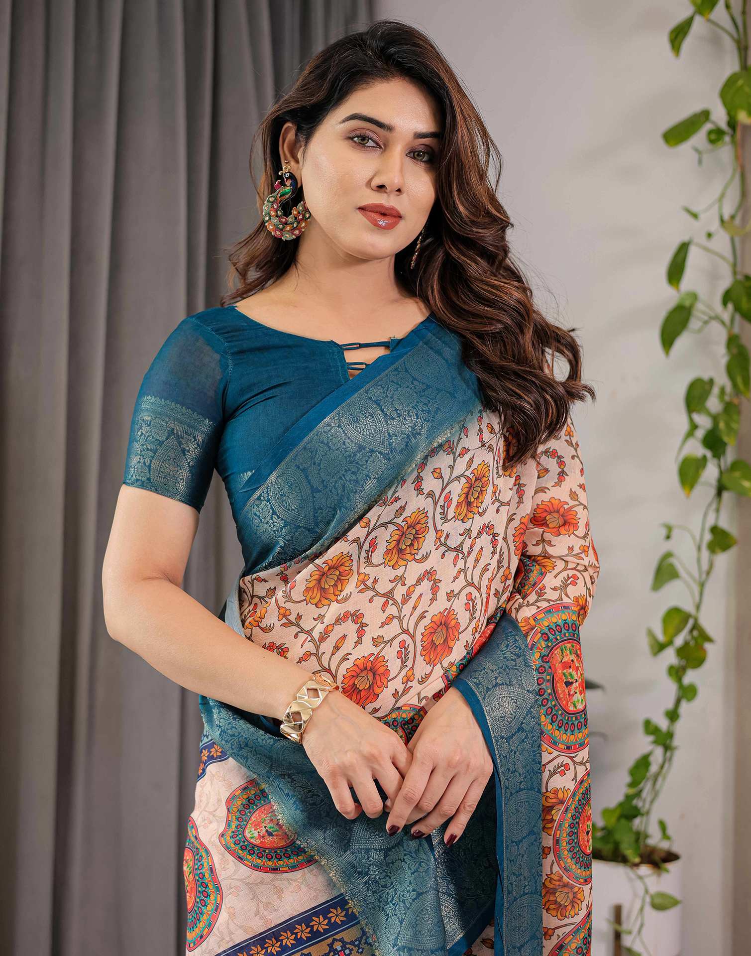 Light Peach Linen Printed Saree