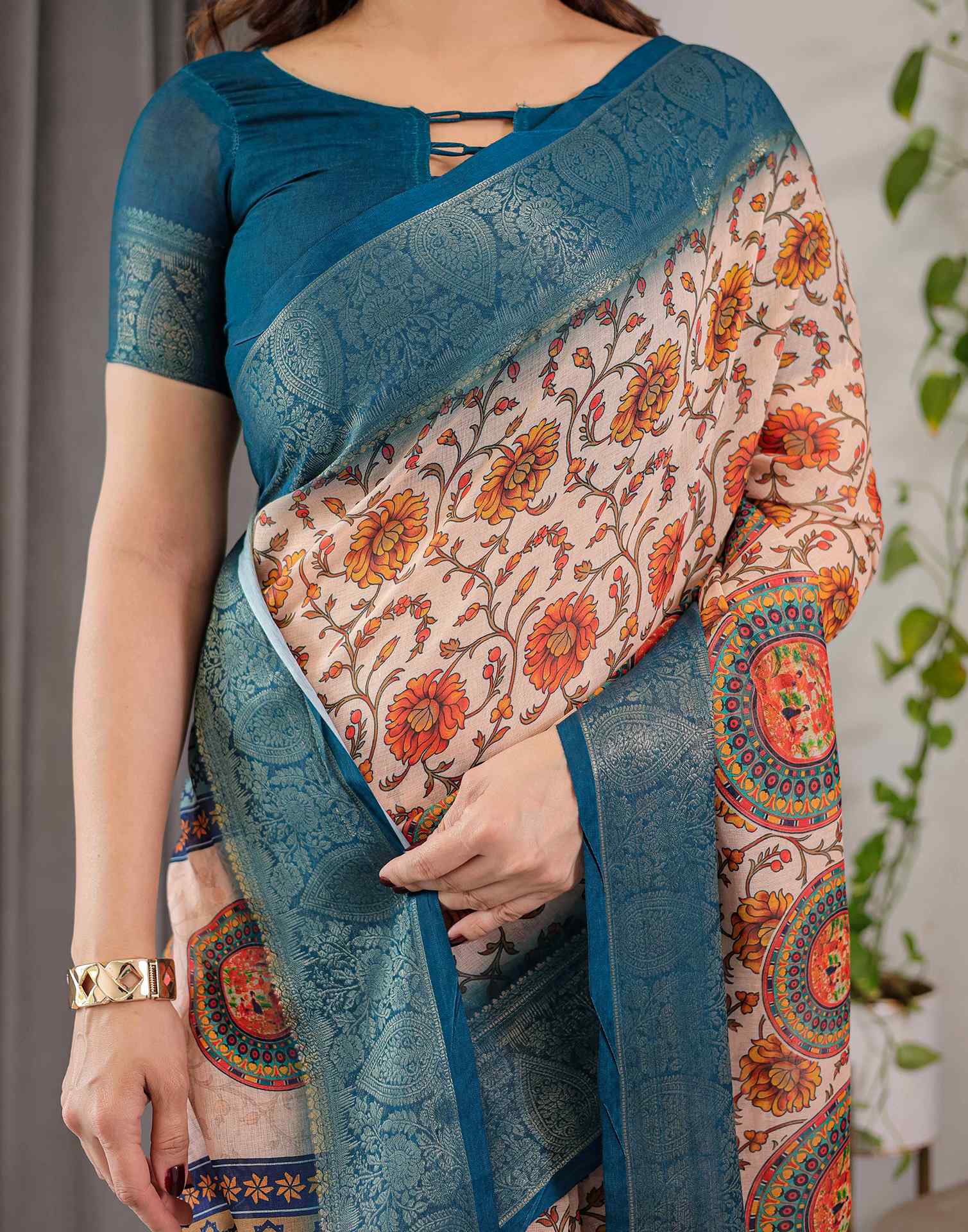 Light Peach Linen Printed Saree