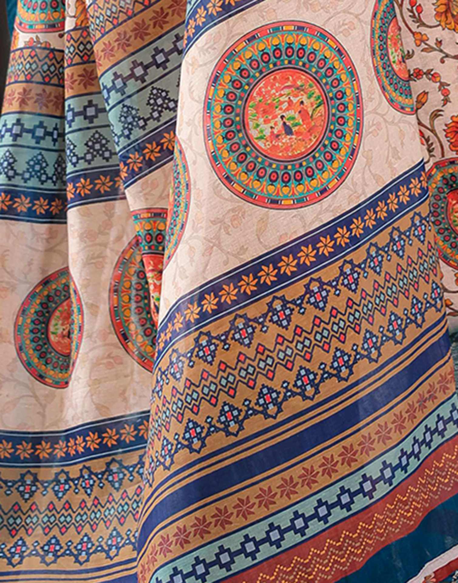 Light Peach Linen Printed Saree