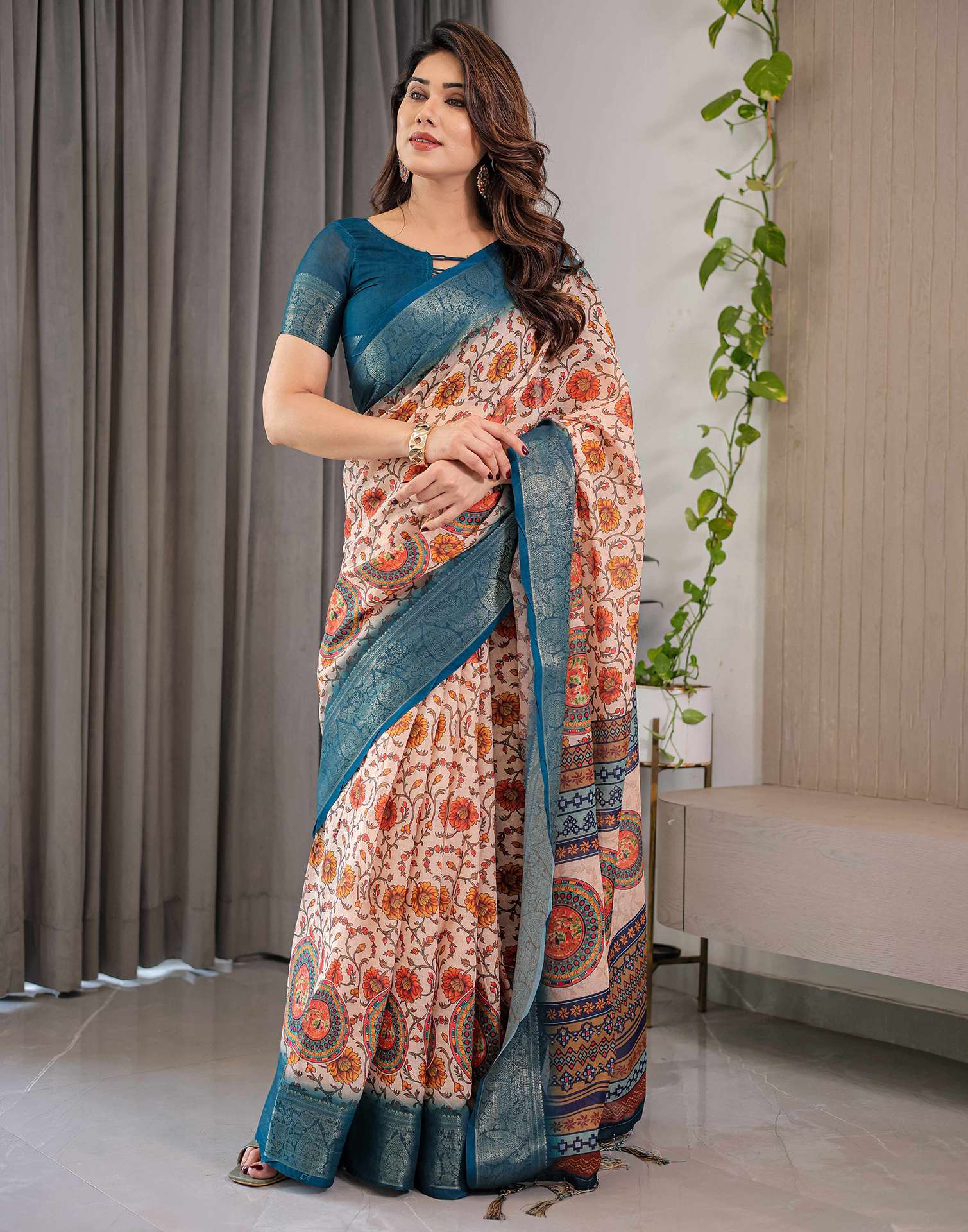 Light Peach Linen Printed Saree