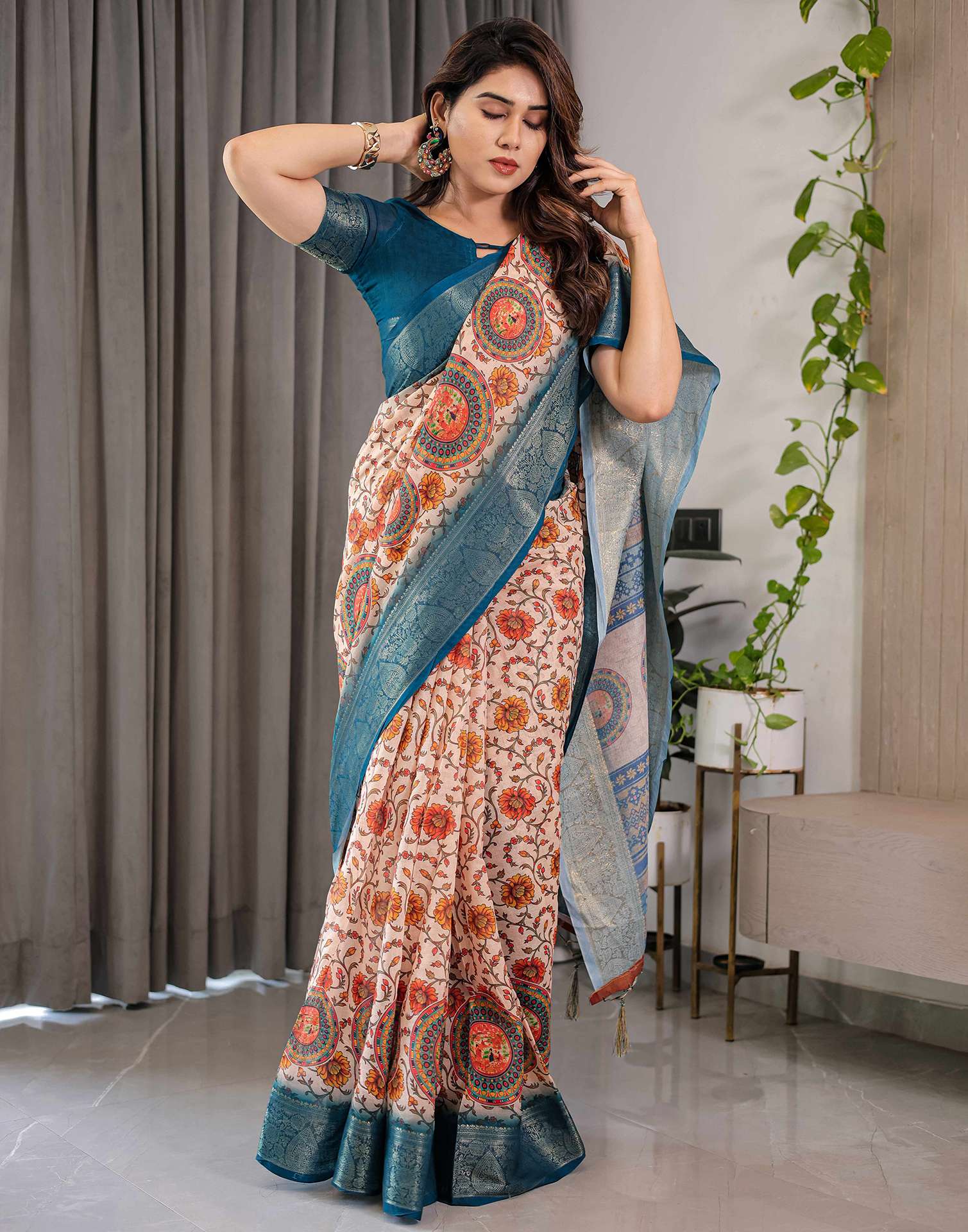 Light Peach Linen Printed Saree