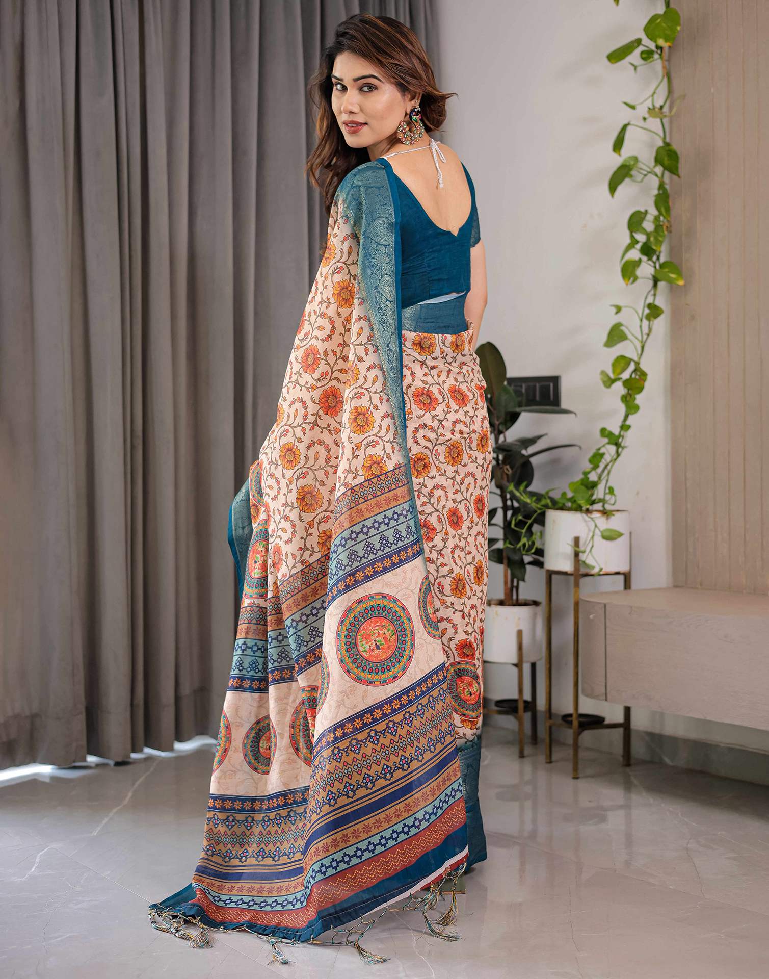 Light Peach Linen Printed Saree