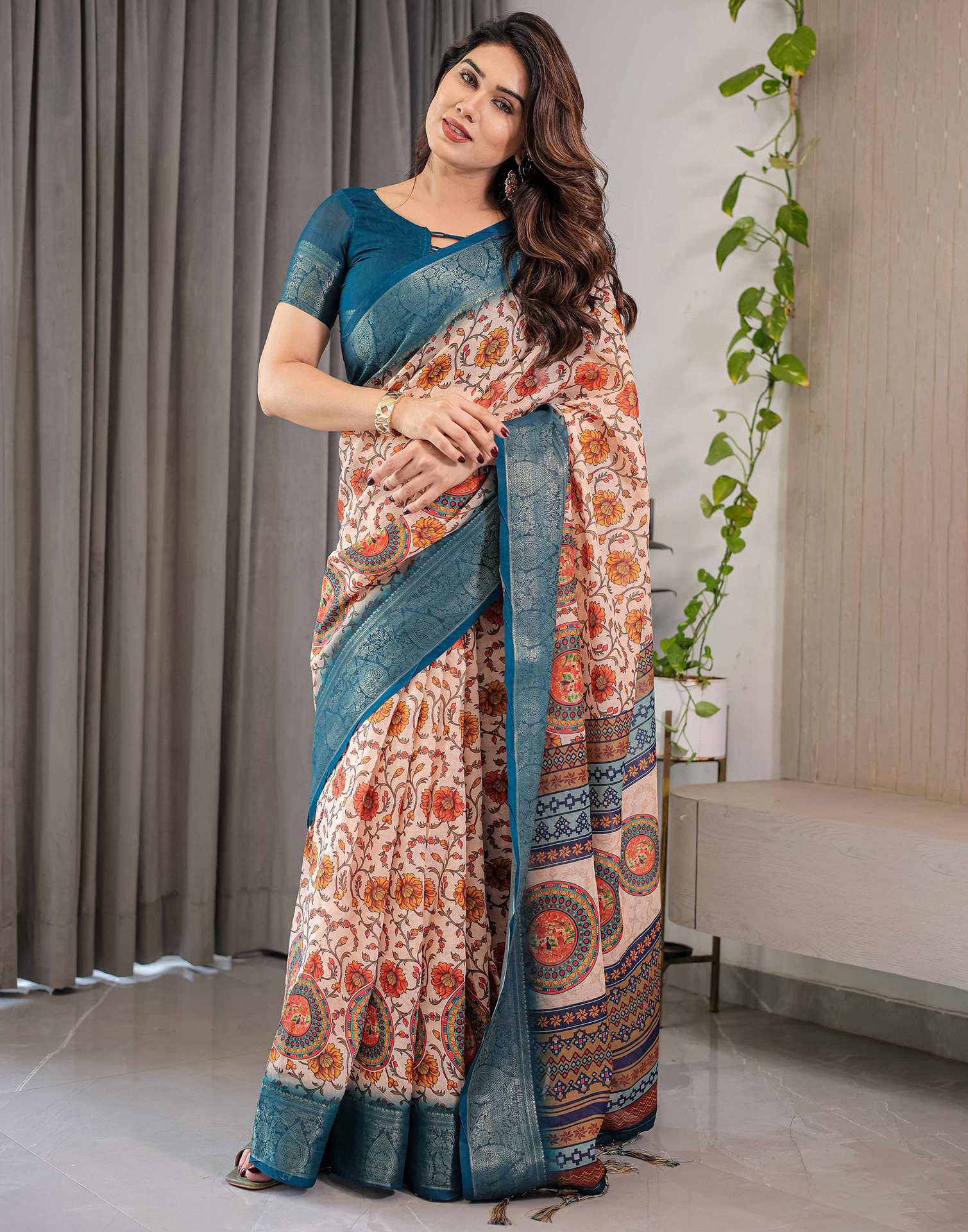 Light Peach Linen Printed Saree