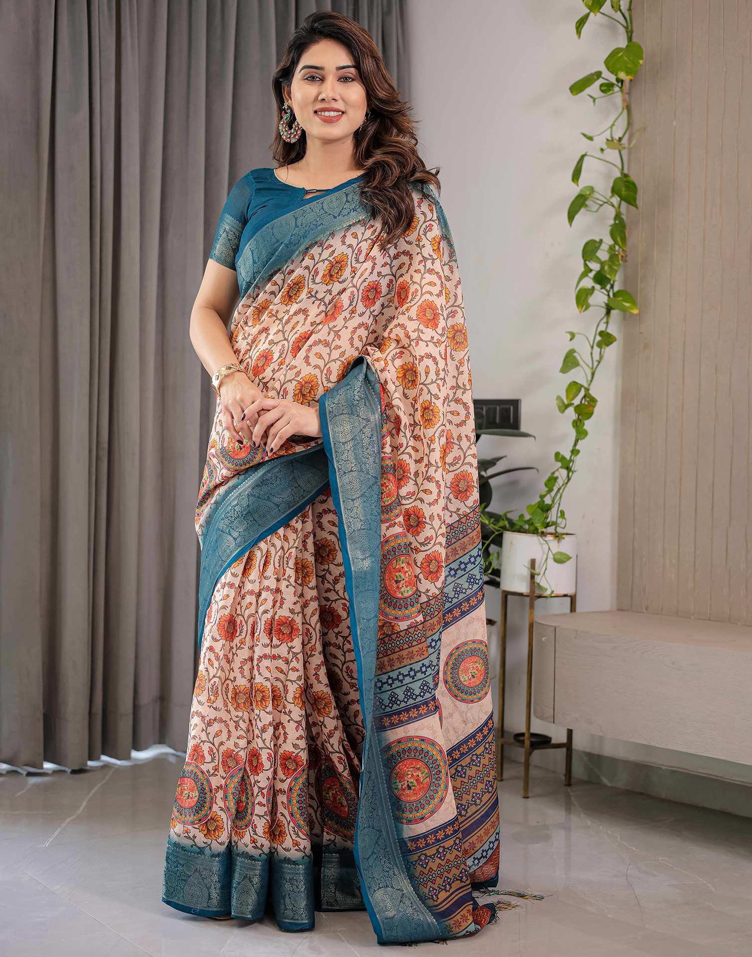 Light Peach Linen Printed Saree