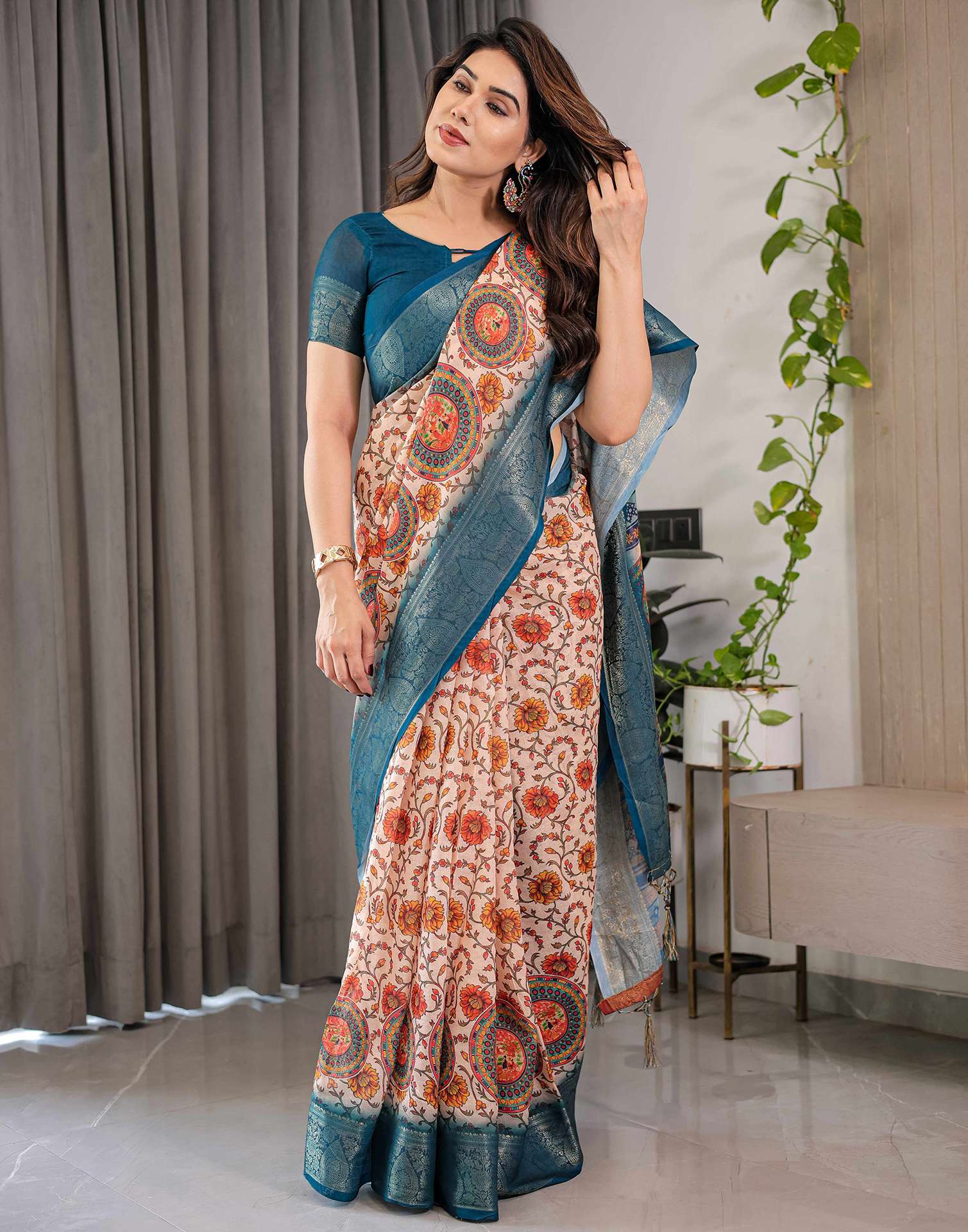 Light Peach Linen Printed Saree