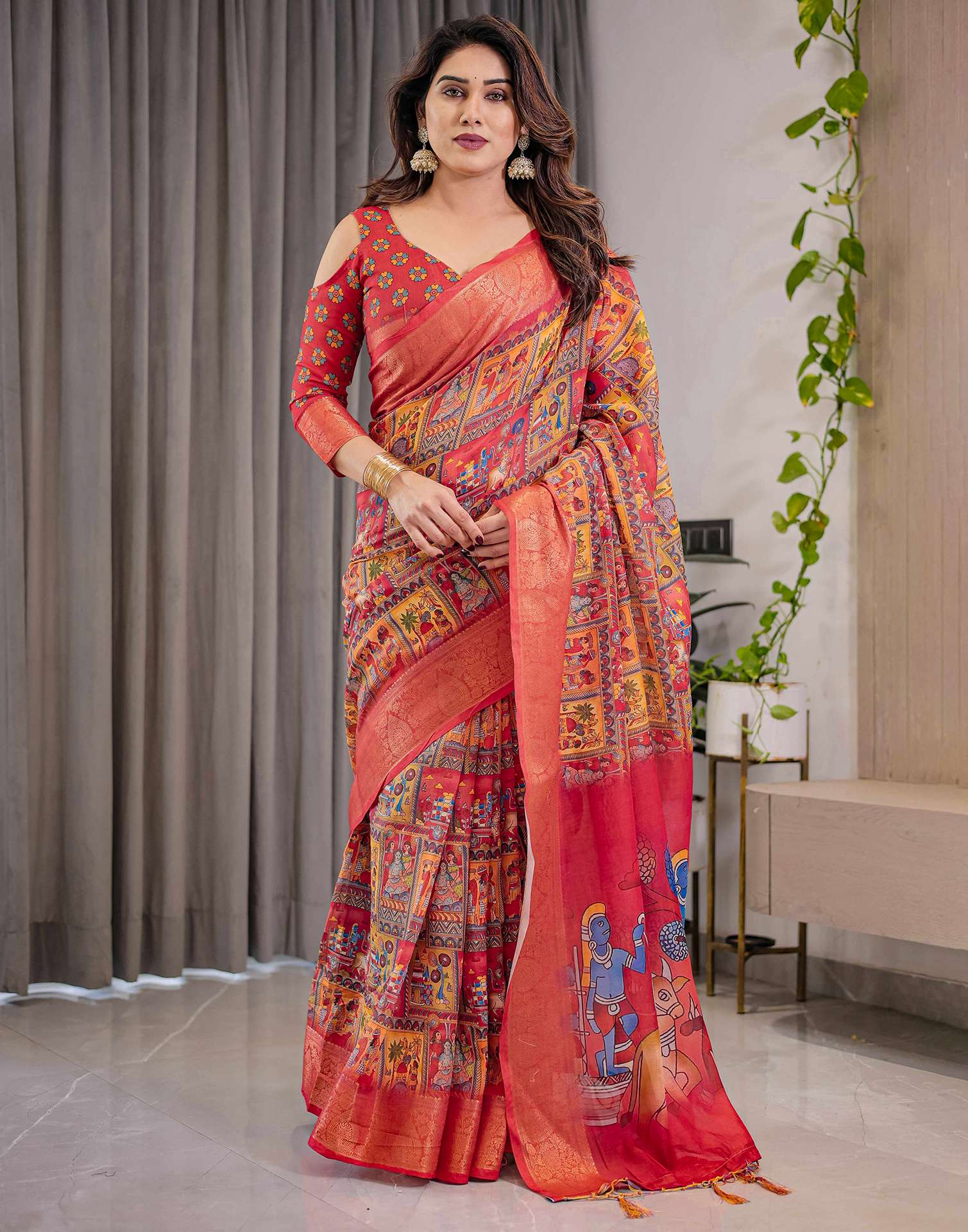Coral Red Linen Printed Saree