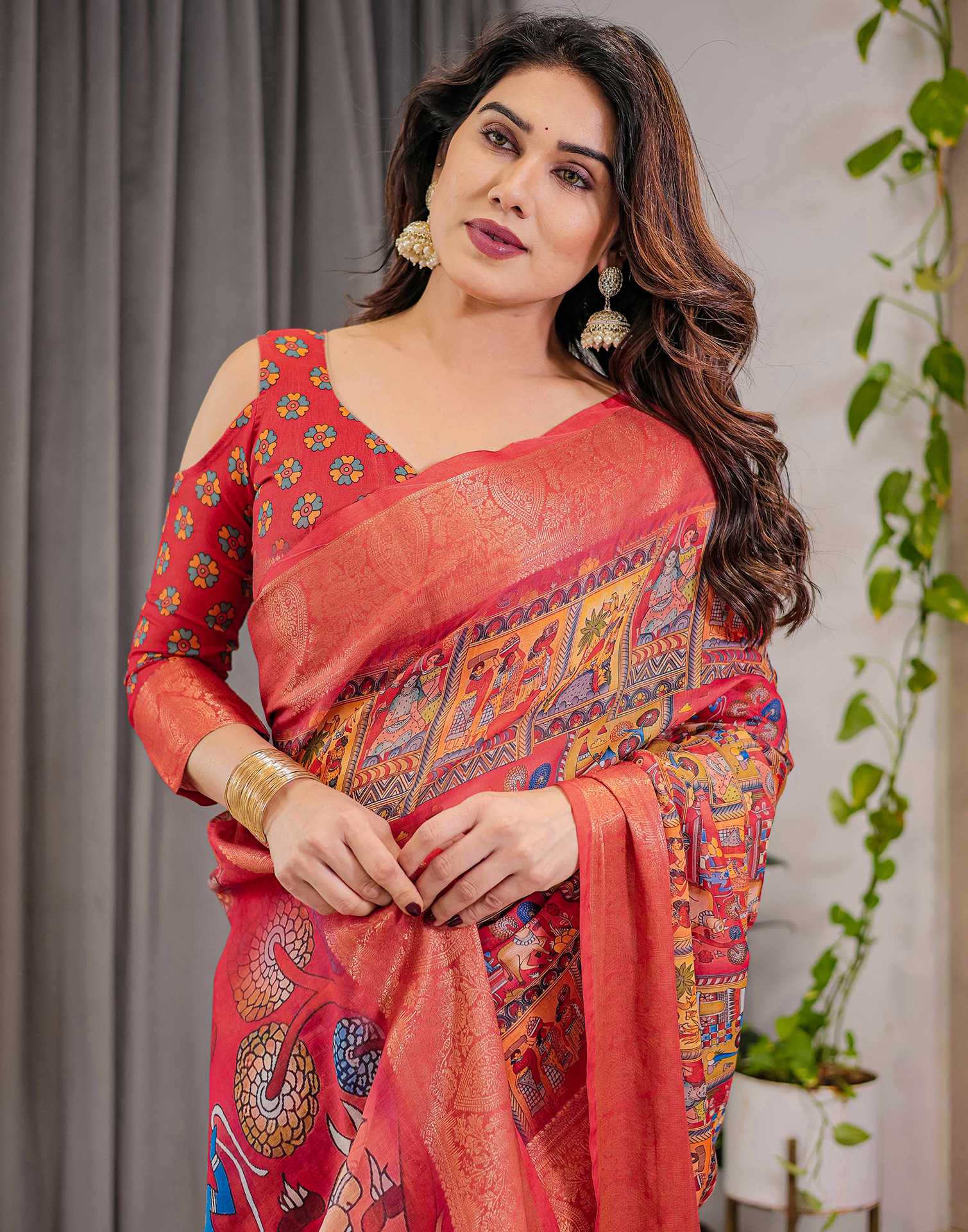 Coral Red Linen Printed Saree