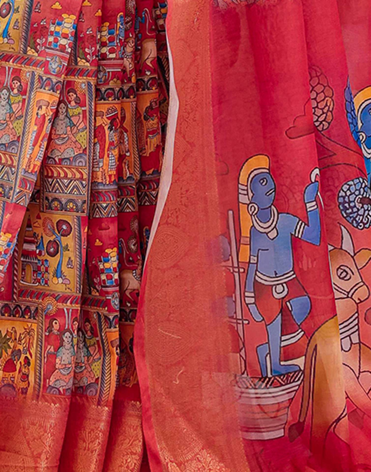 Coral Red Linen Printed Saree