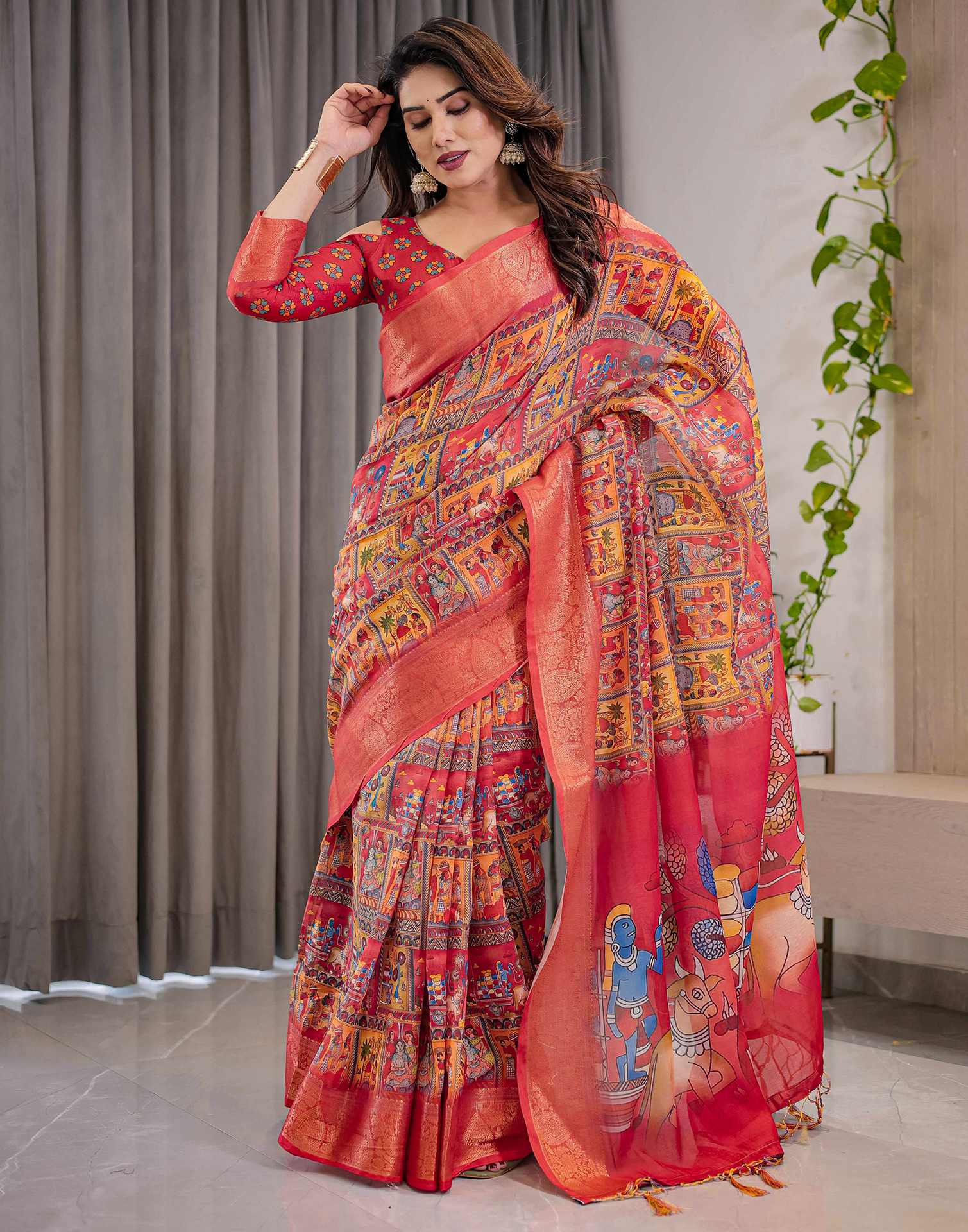 Coral Red Linen Printed Saree