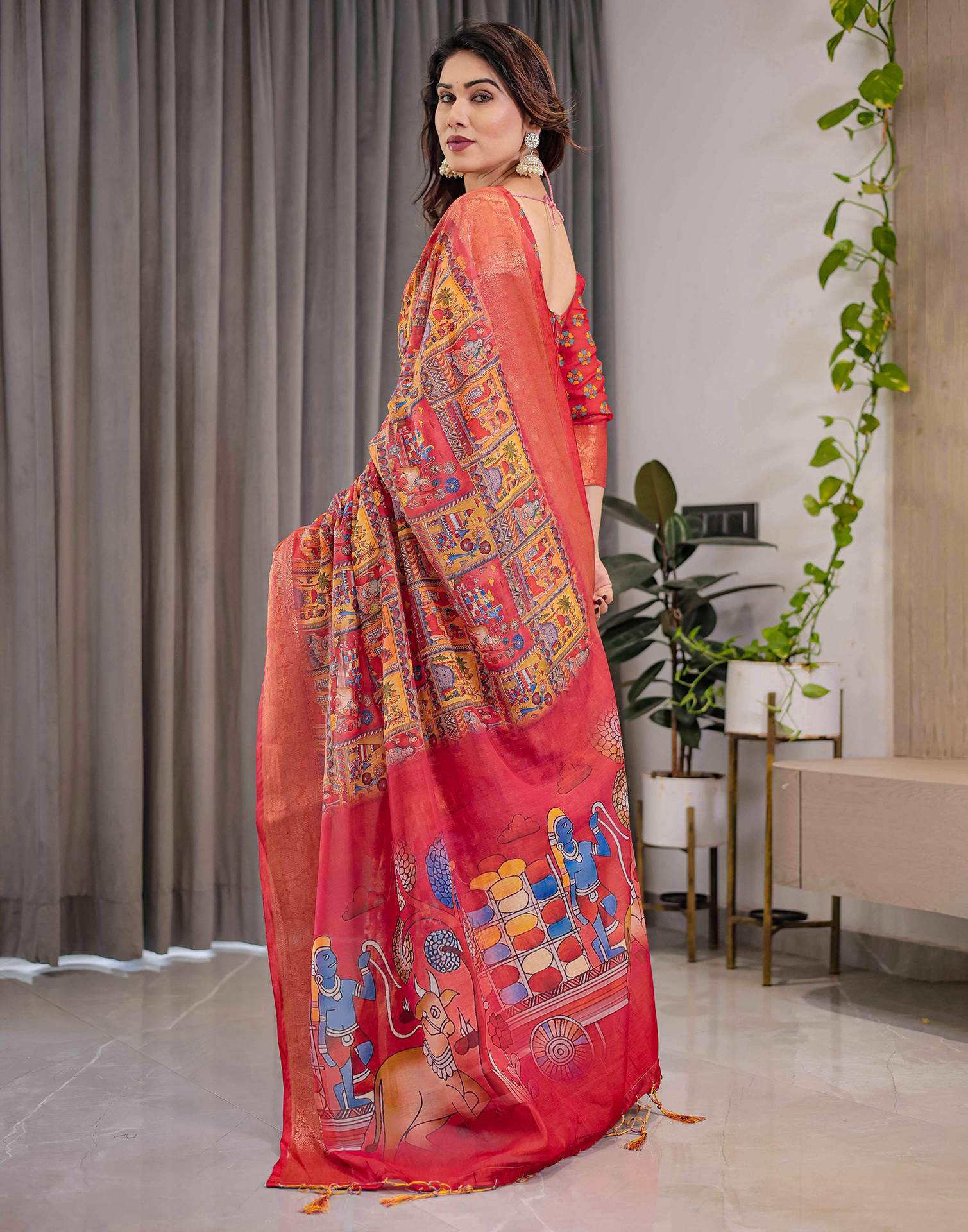 Coral Red Linen Printed Saree