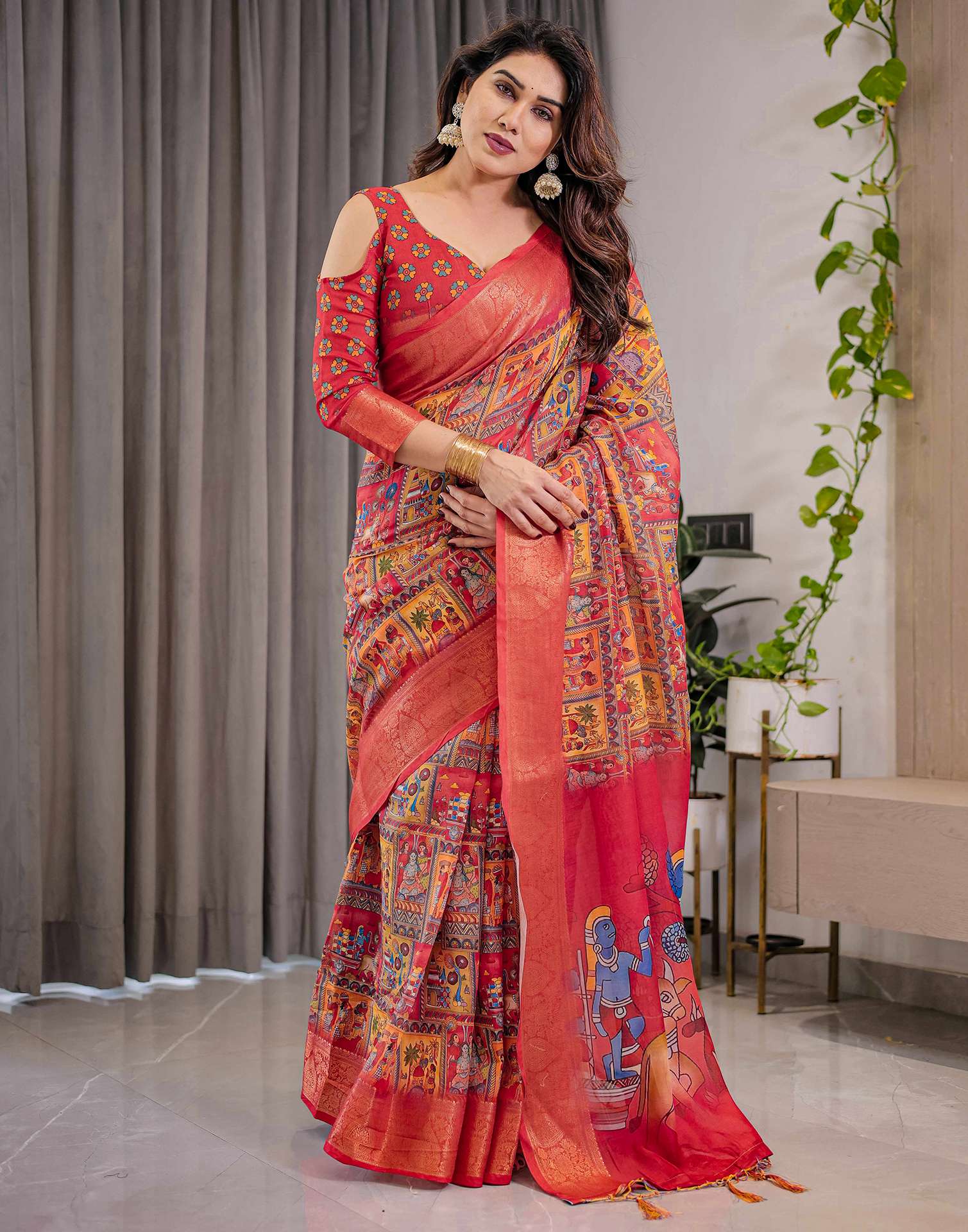 Coral Red Linen Printed Saree