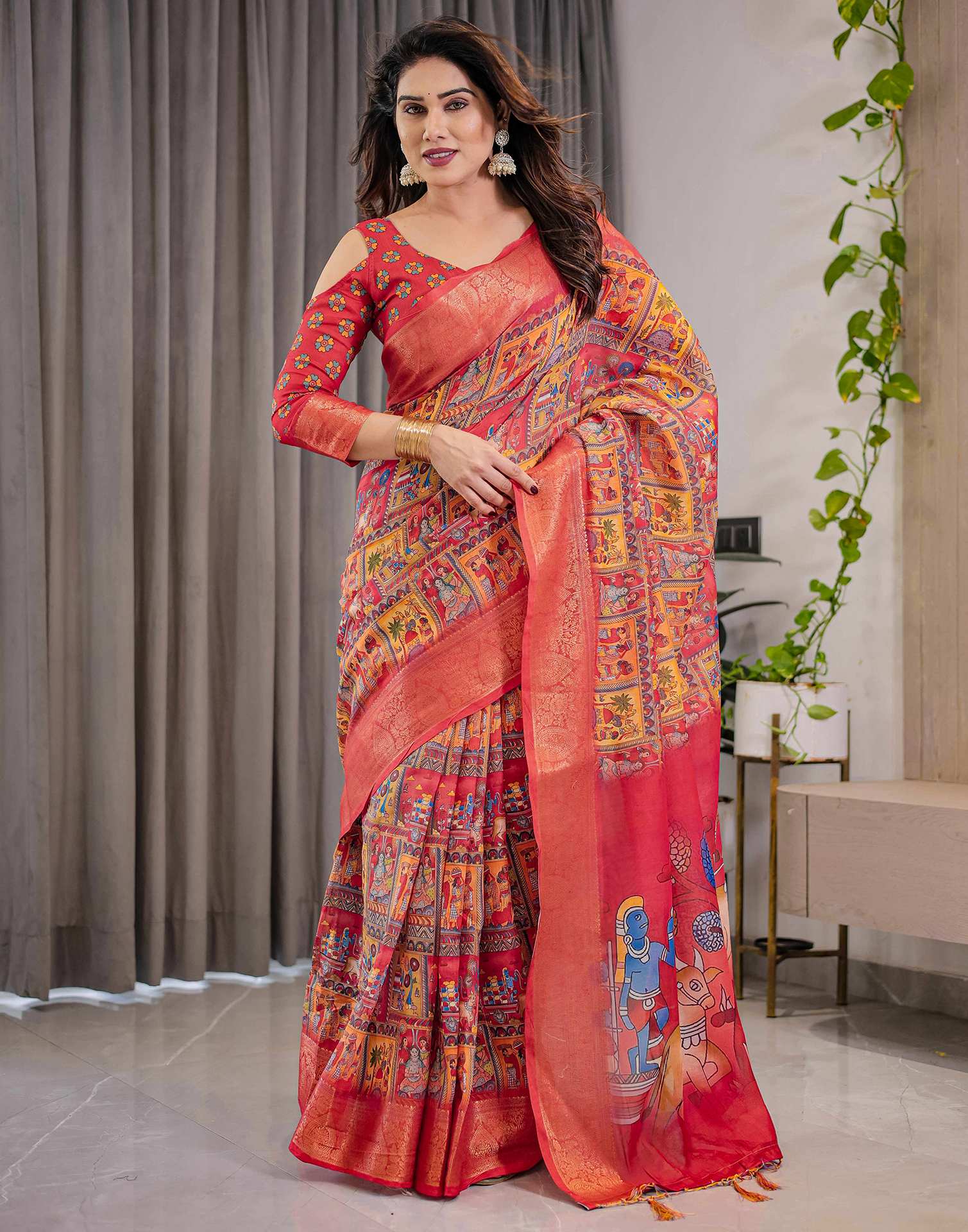 Coral Red Linen Printed Saree