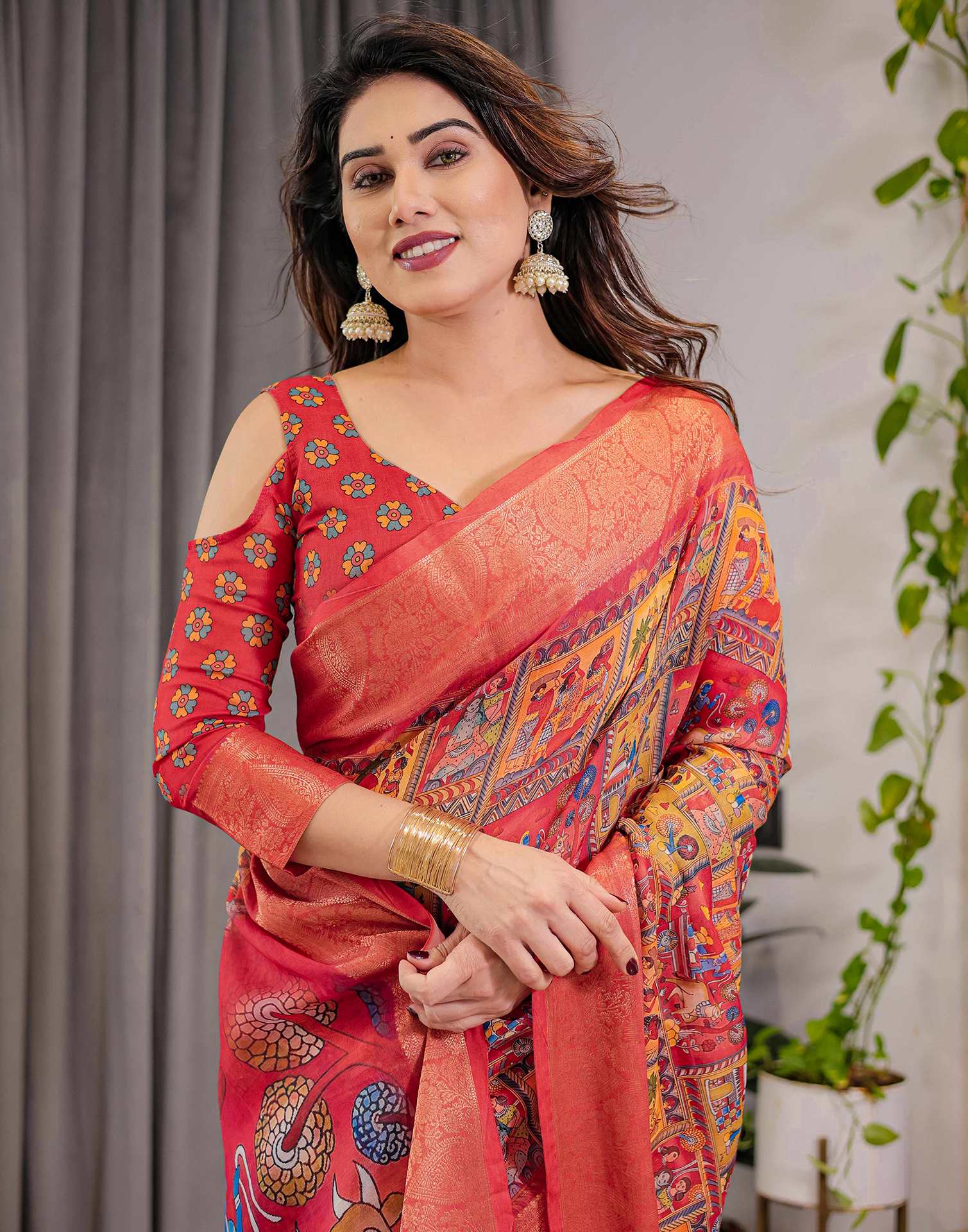 Coral Red Linen Printed Saree