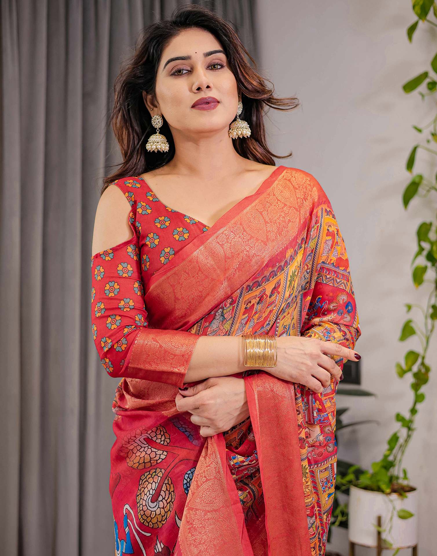 Coral Red Linen Printed Saree
