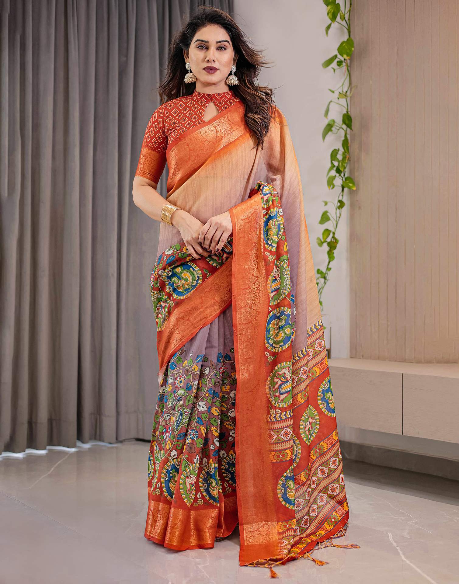 Orange Linen Printed Saree