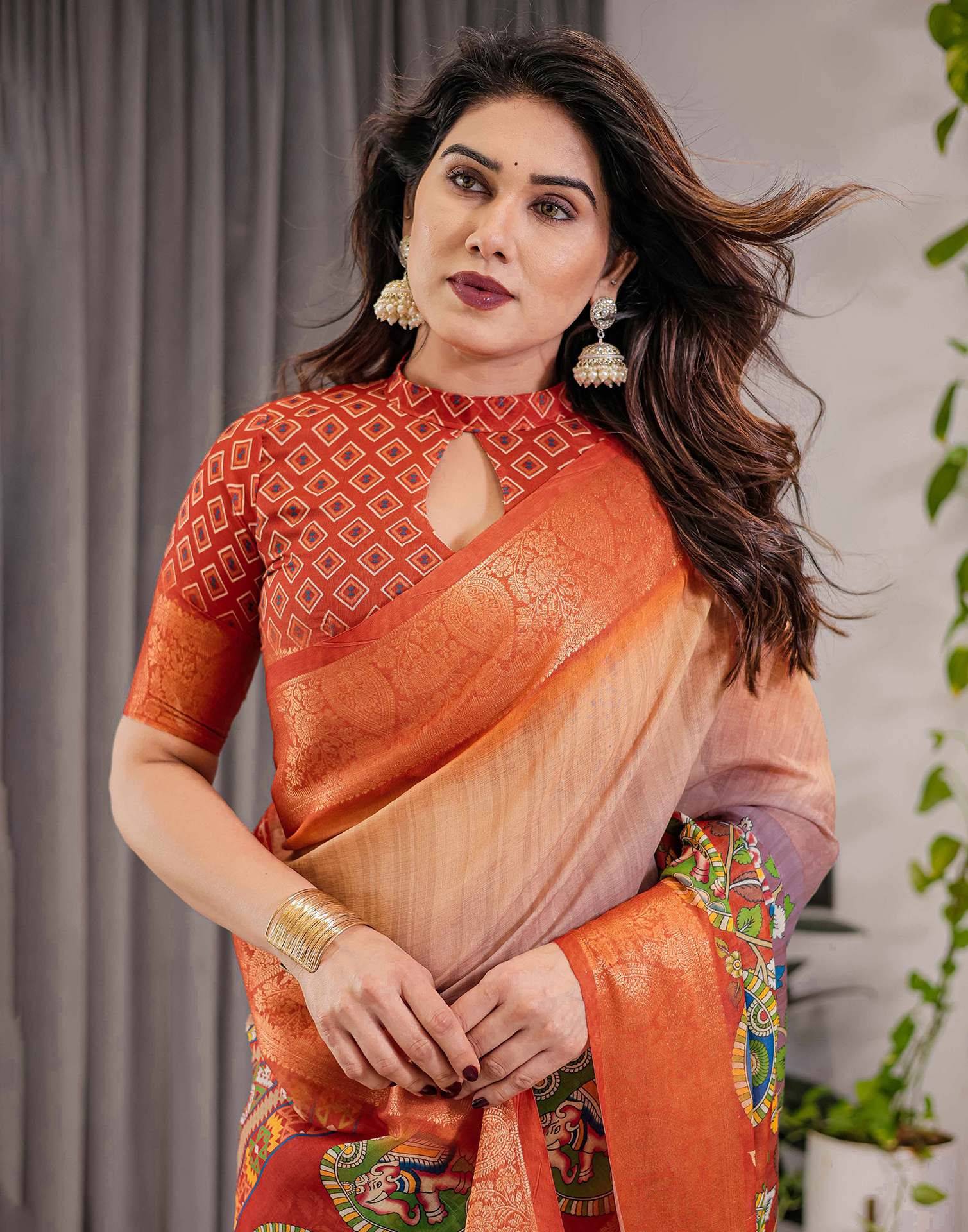 Orange Linen Printed Saree