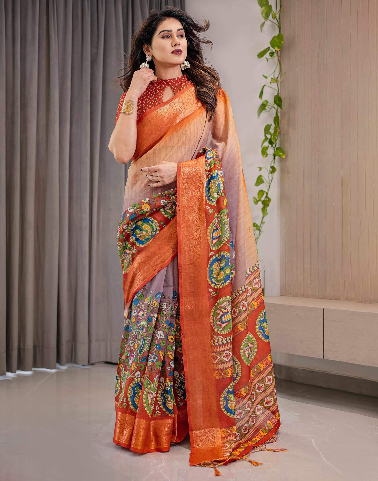 Orange Linen Printed Saree