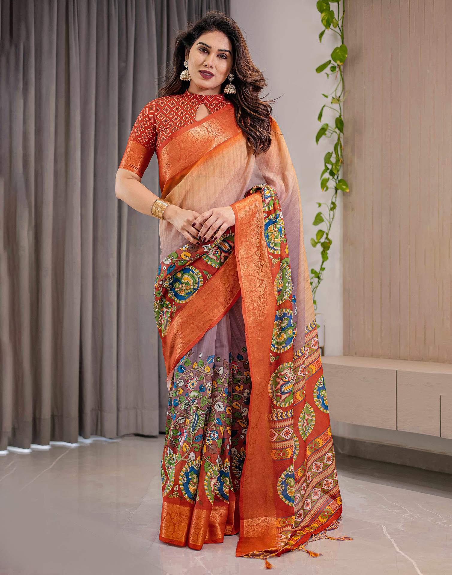 Orange Linen Printed Saree