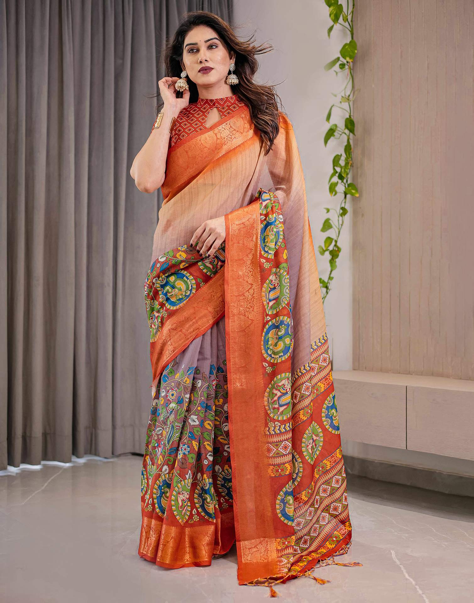 Orange Linen Printed Saree