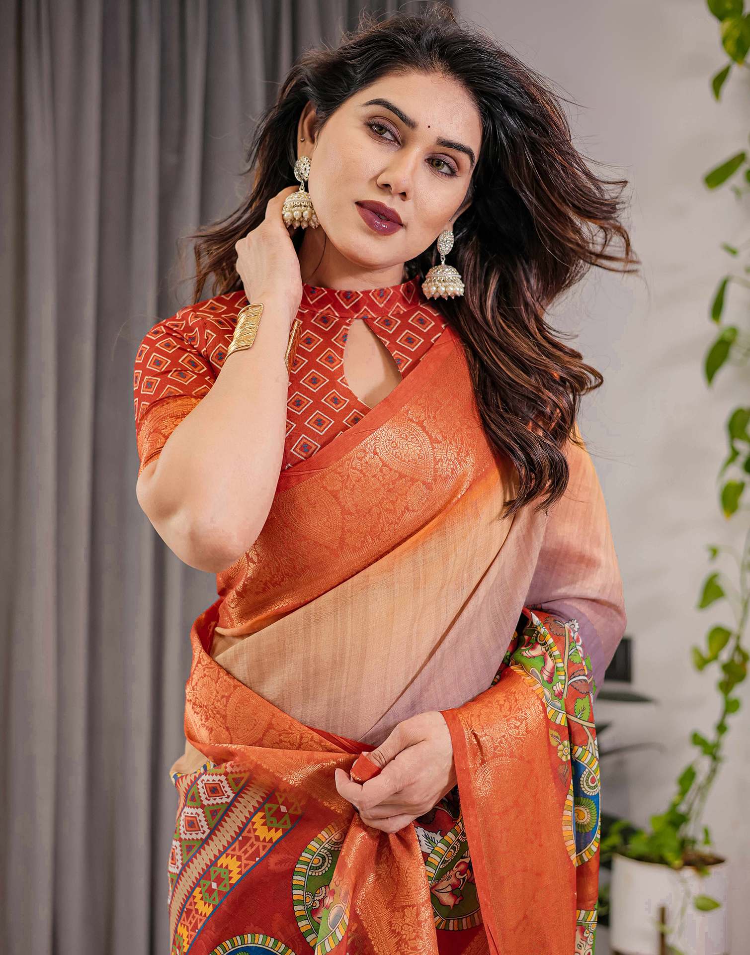 Orange Linen Printed Saree