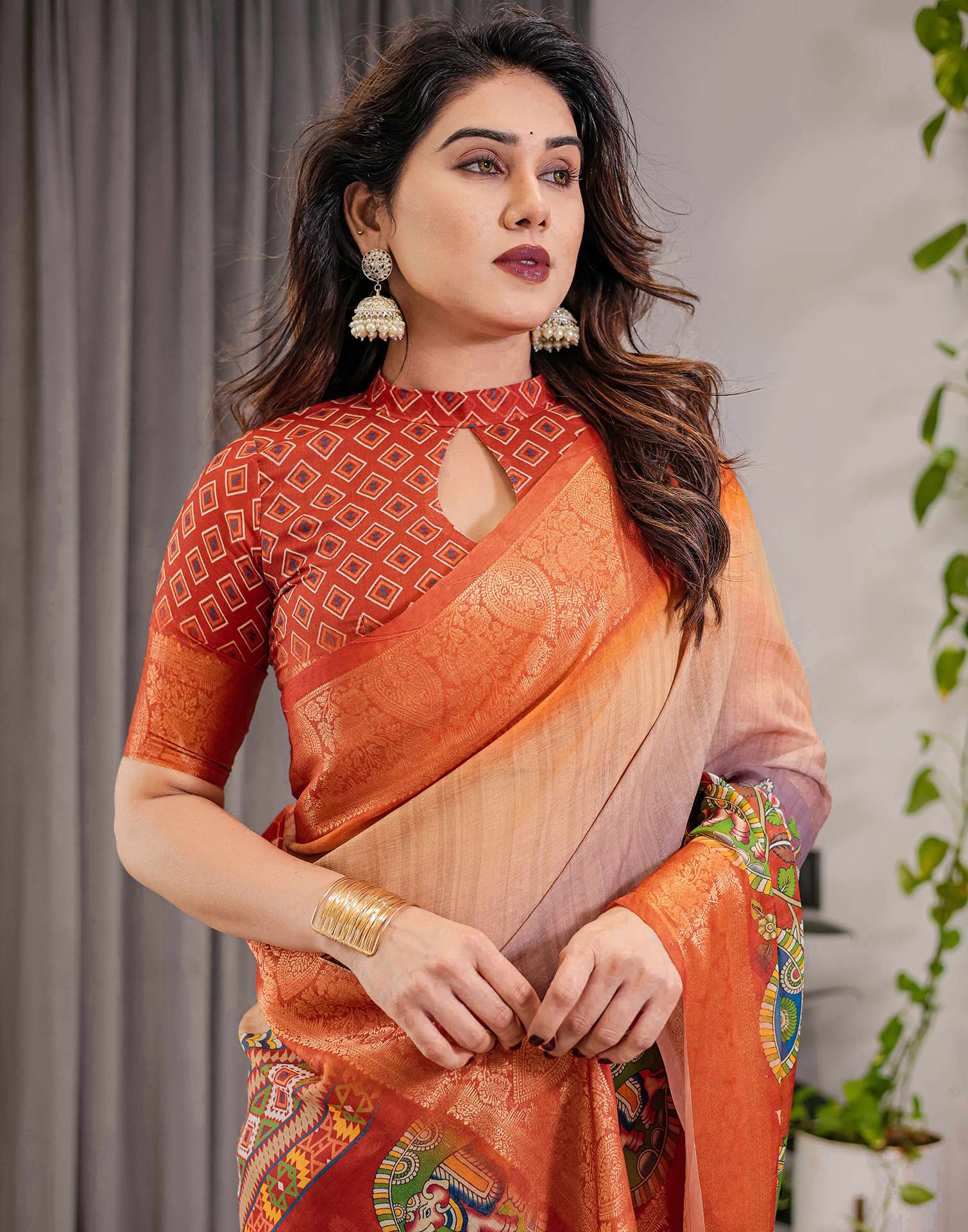 Orange Linen Printed Saree
