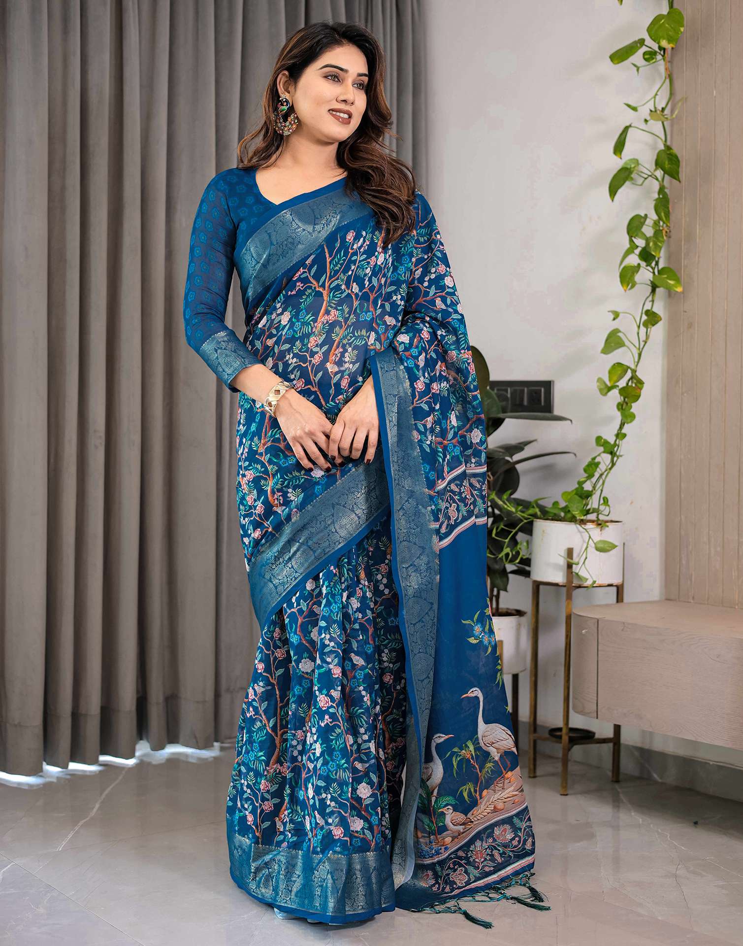 Blue Linen Printed Saree