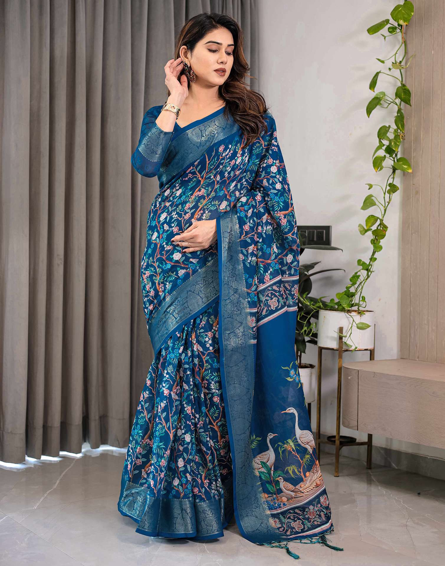 Blue Linen Printed Saree