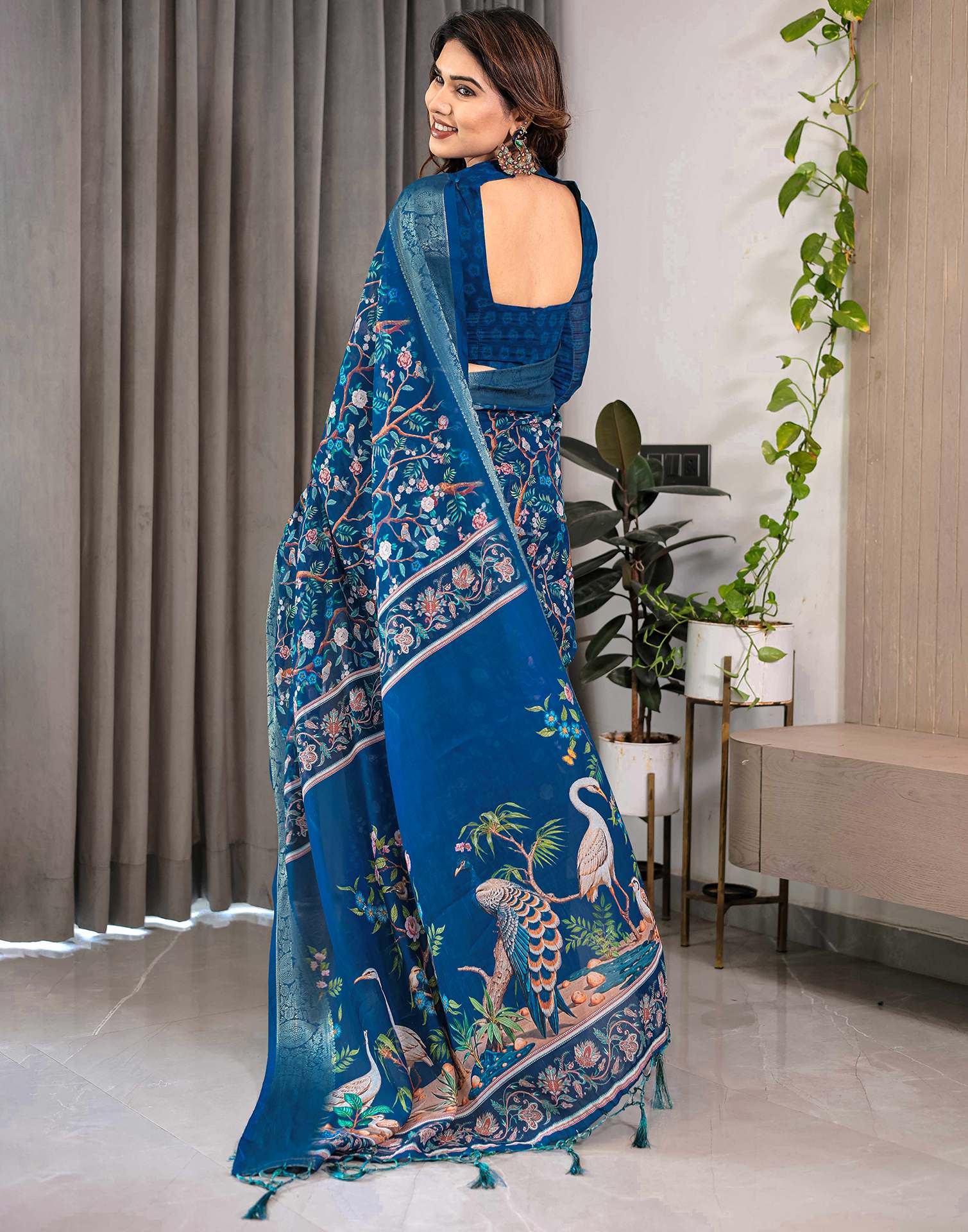 Blue Linen Printed Saree