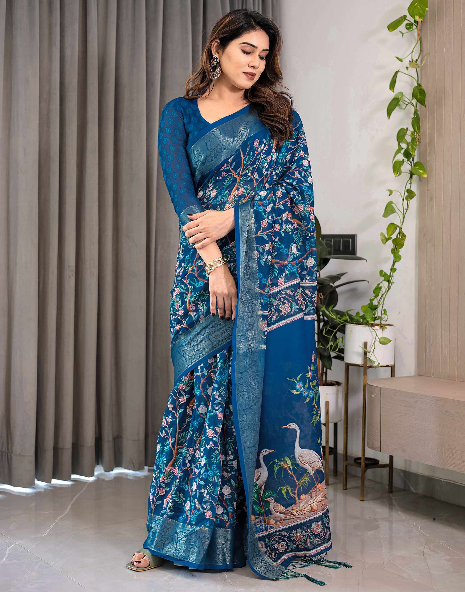 Blue Linen Printed Saree