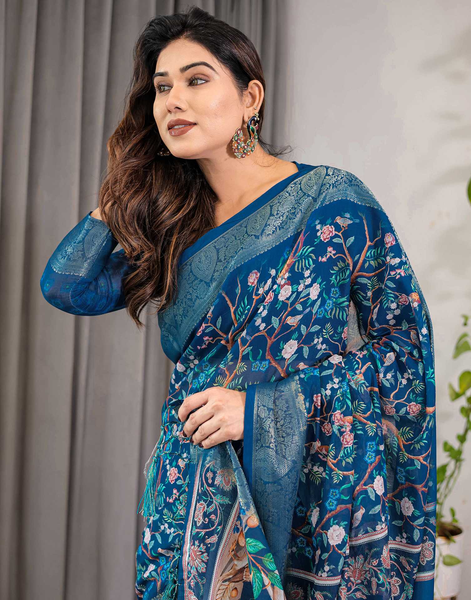 Blue Linen Printed Saree