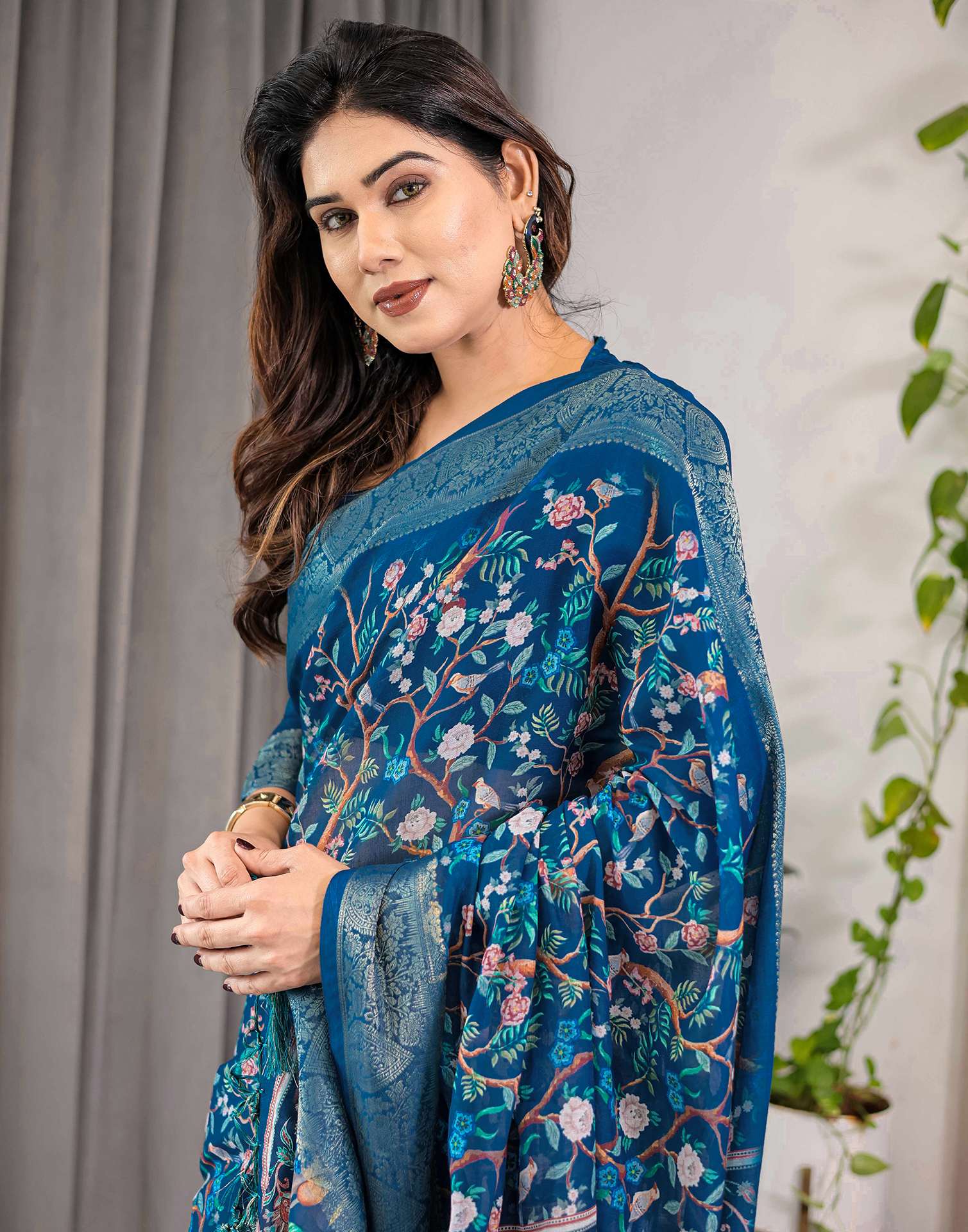 Blue Linen Printed Saree
