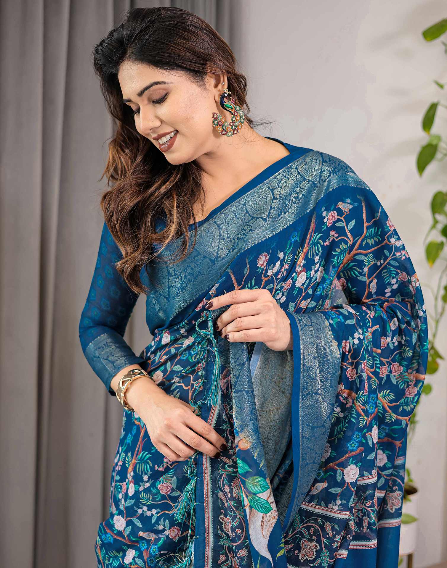 Blue Linen Printed Saree