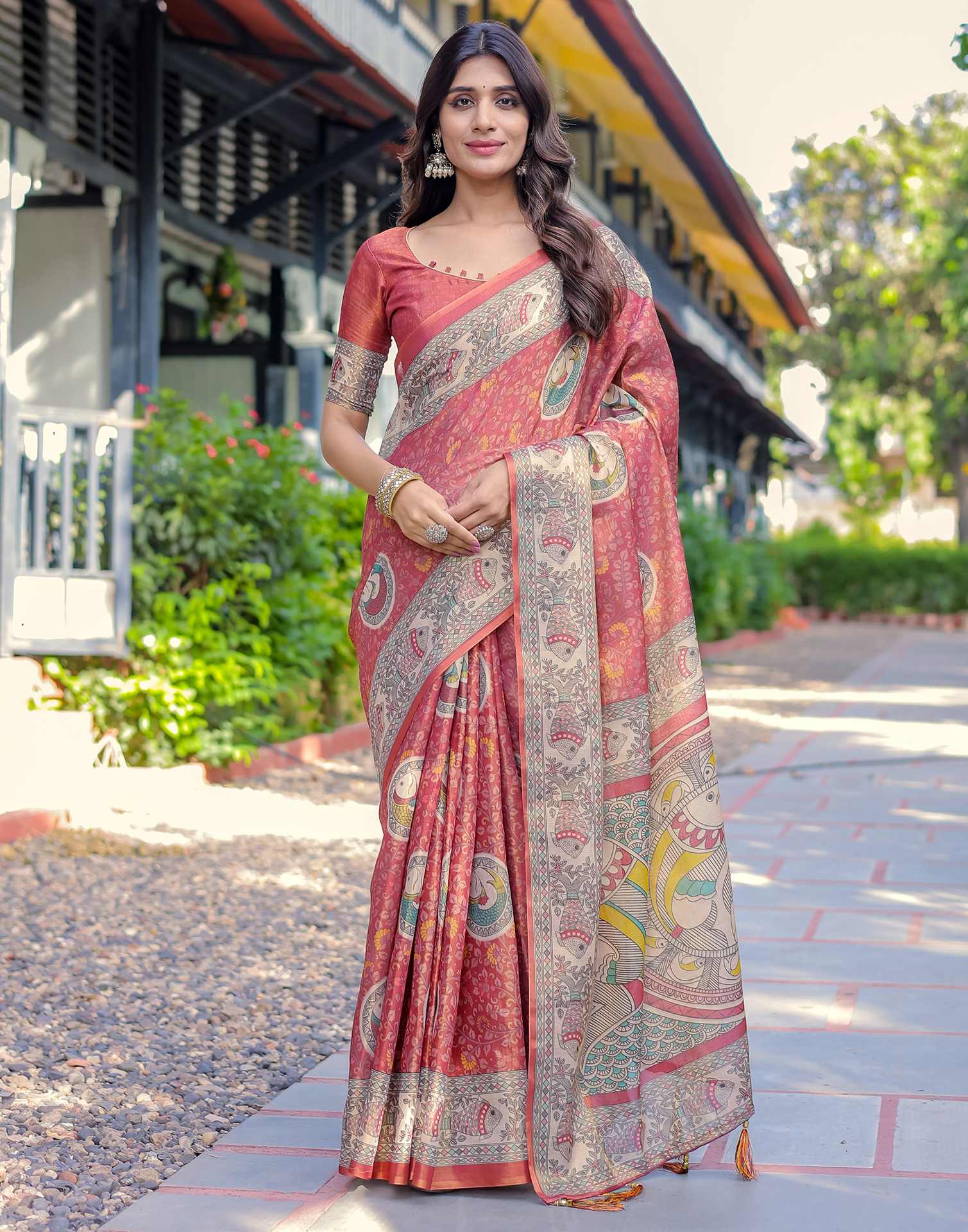 Coral Red Shimmer Silk Printed Kalamkari Saree