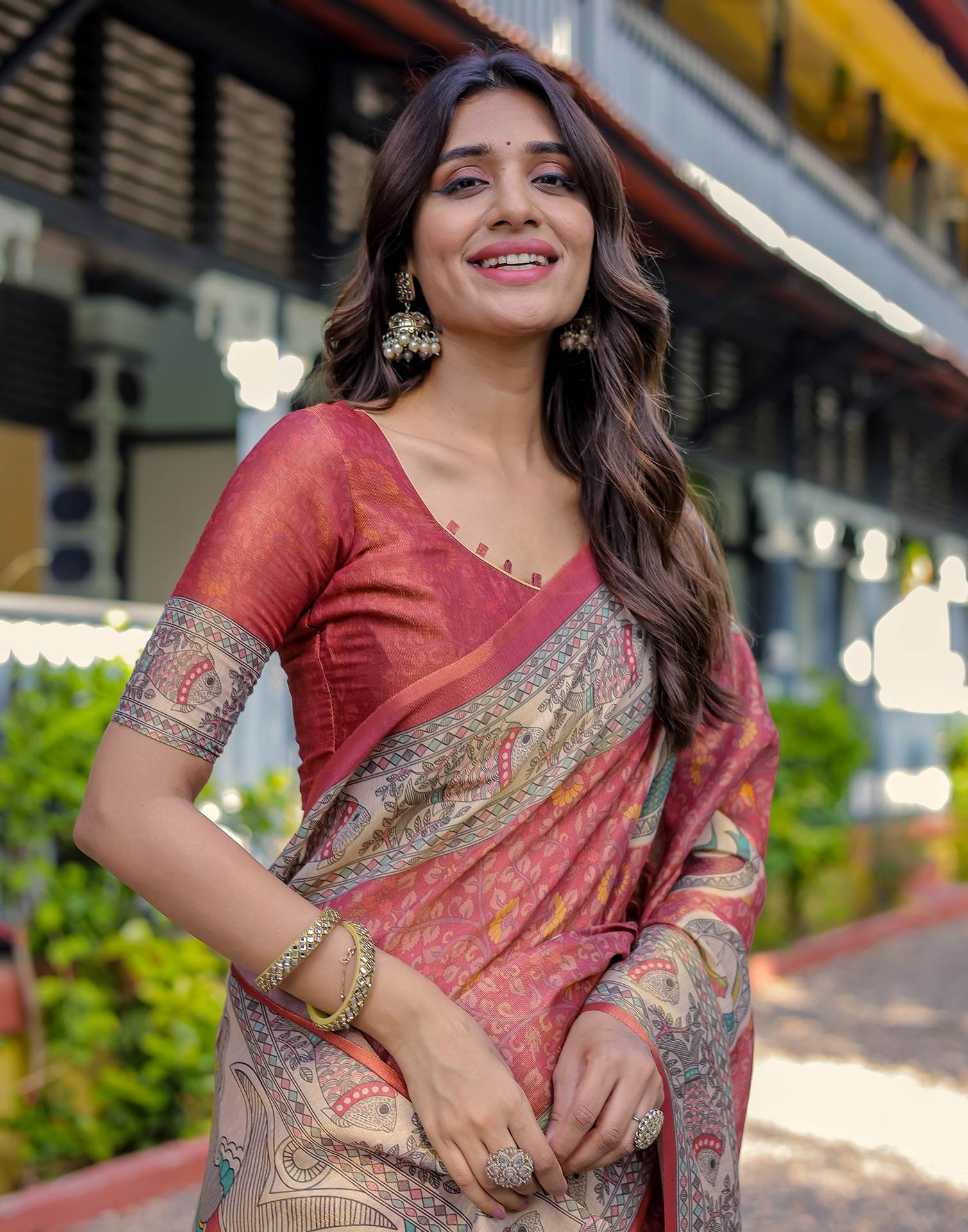 Coral Red Shimmer Silk Printed Kalamkari Saree