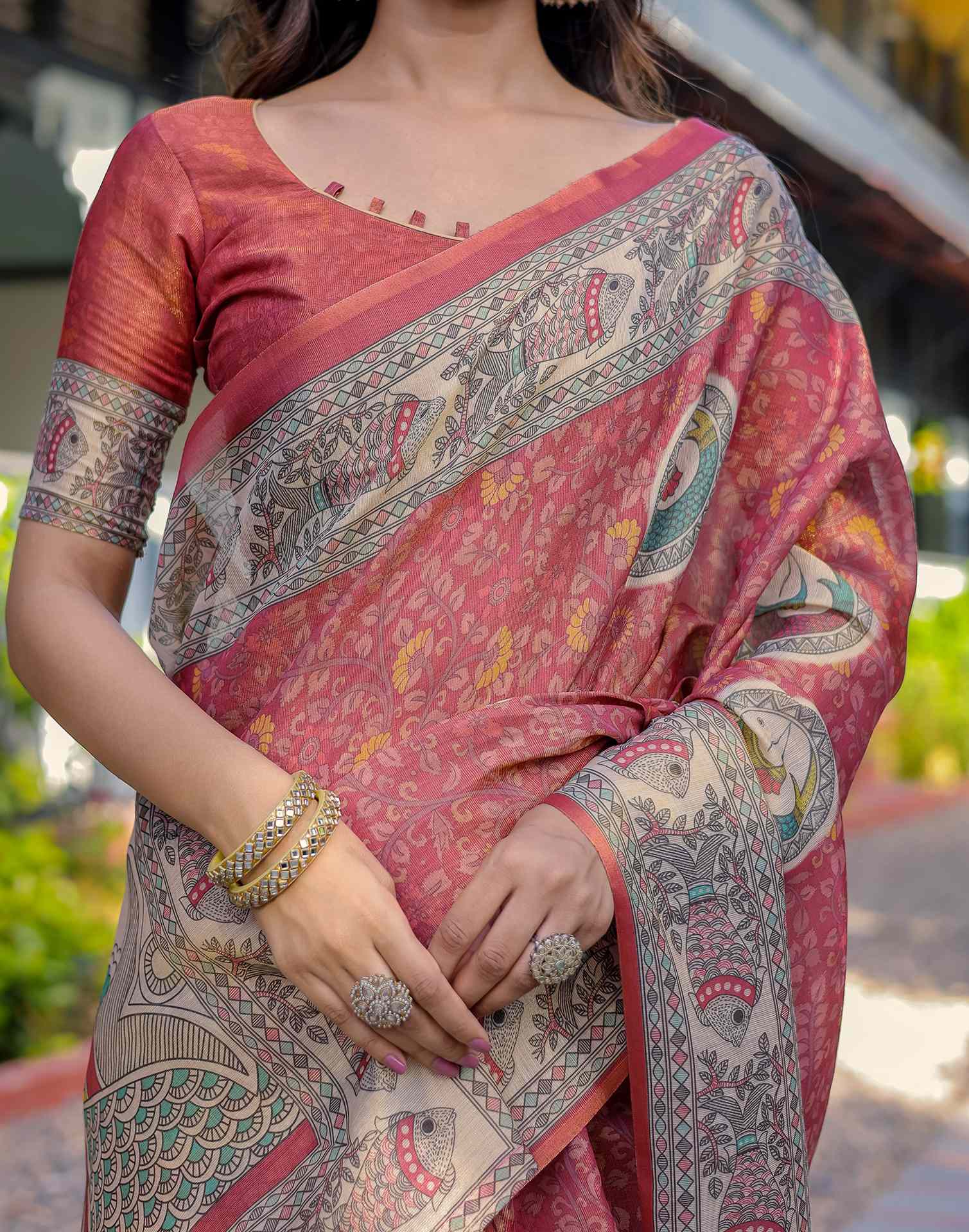 Coral Red Shimmer Silk Printed Kalamkari Saree