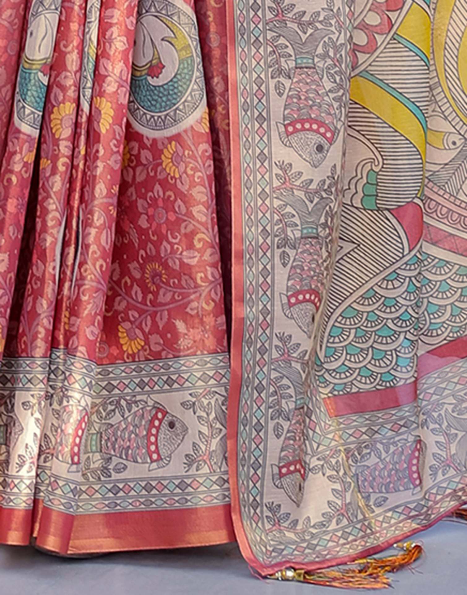 Coral Red Shimmer Silk Printed Kalamkari Saree