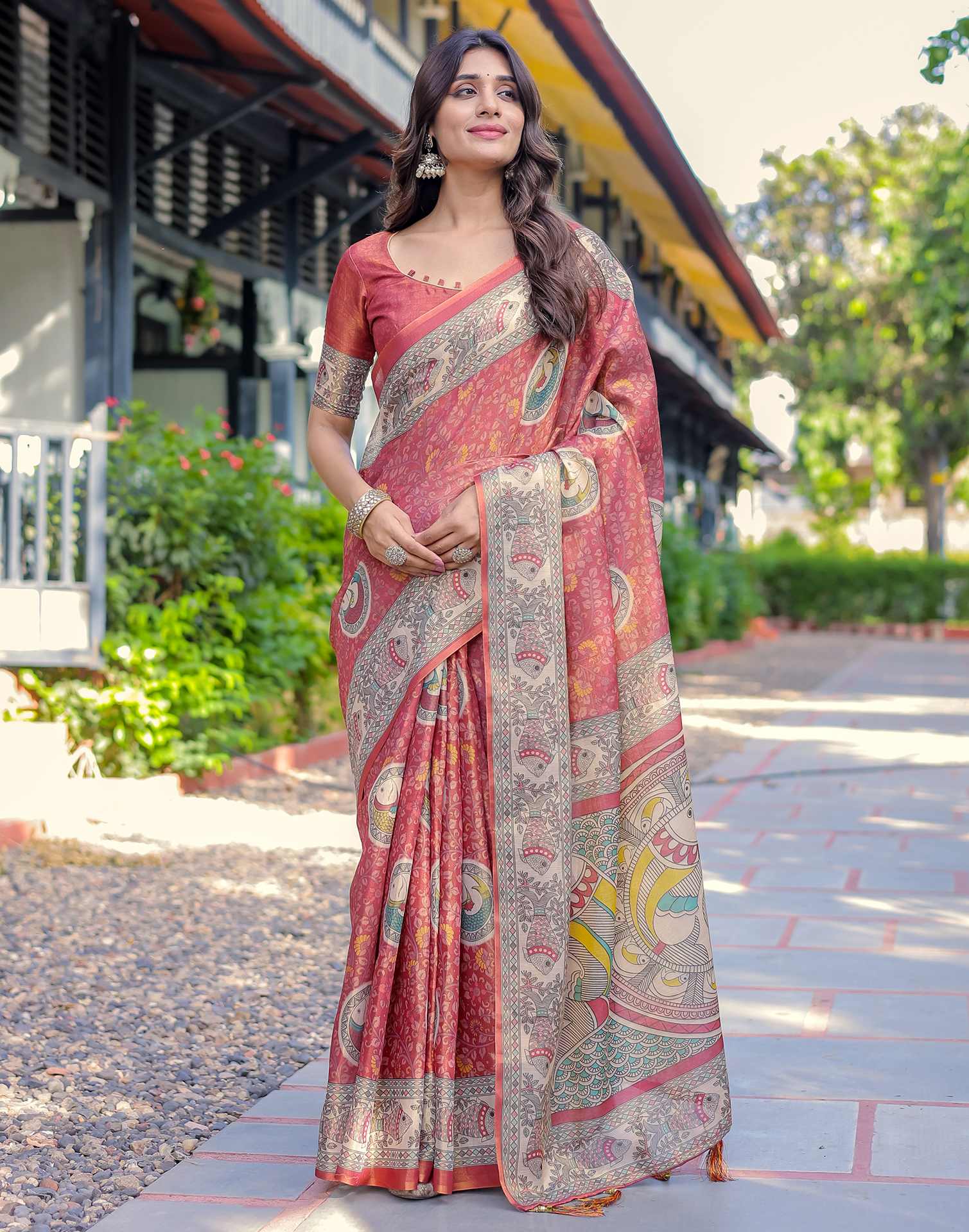 Coral Red Shimmer Silk Printed Kalamkari Saree