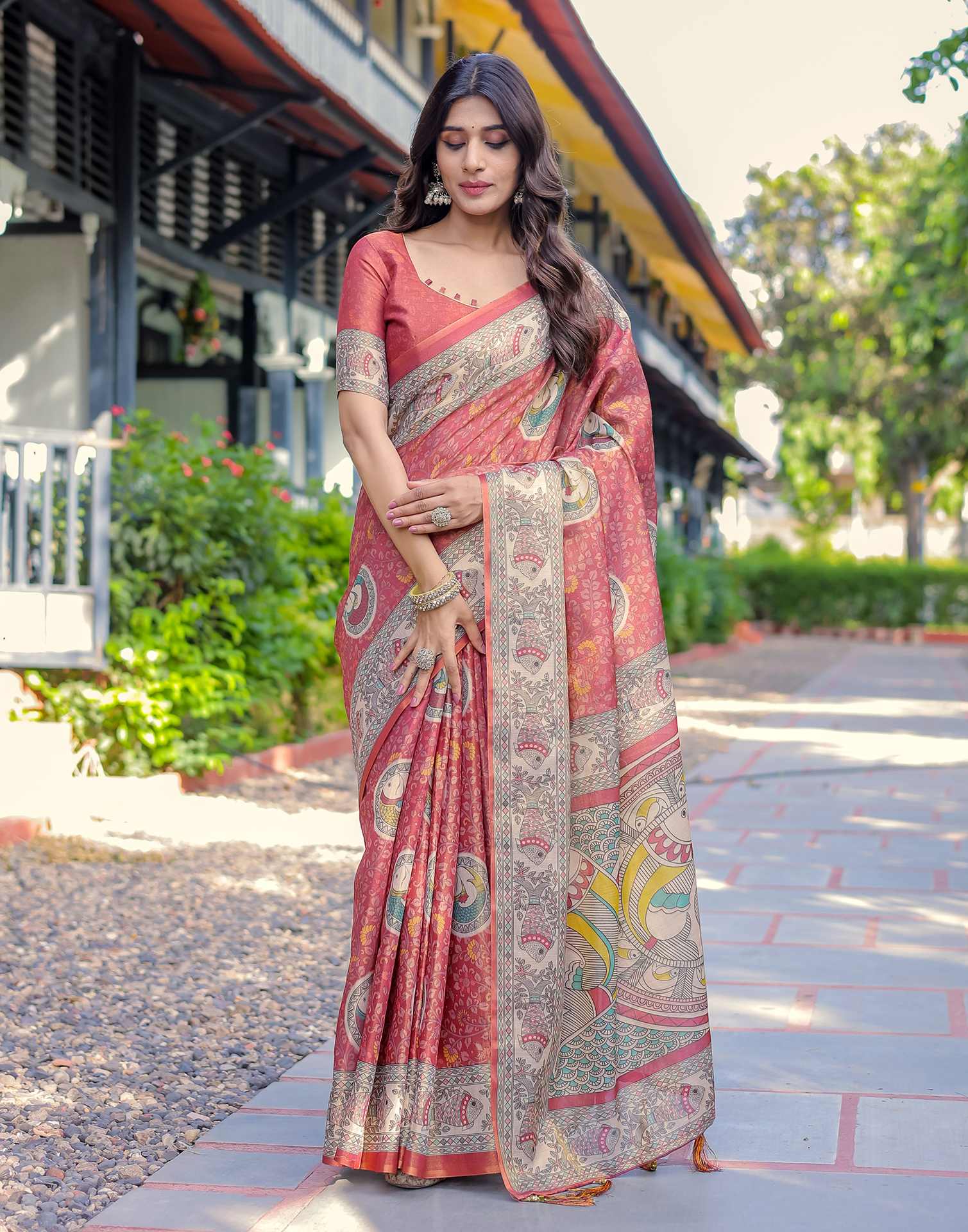 Coral Red Shimmer Silk Printed Kalamkari Saree