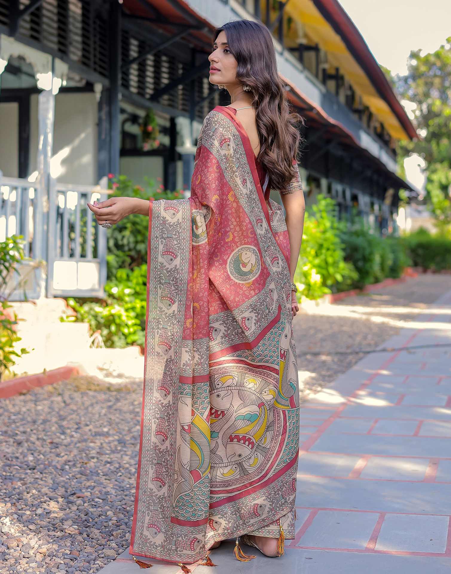 Coral Red Shimmer Silk Printed Kalamkari Saree