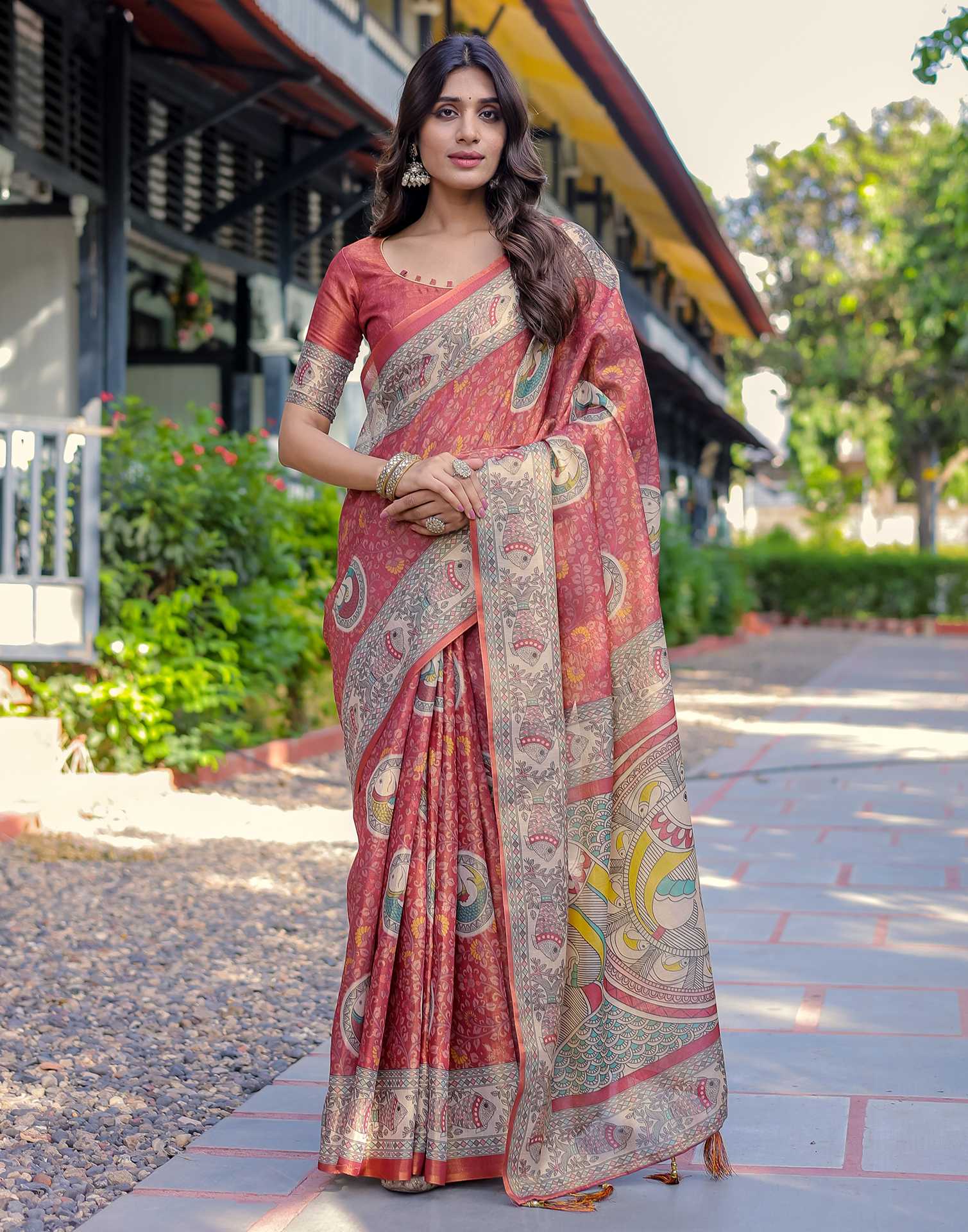 Coral Red Shimmer Silk Printed Kalamkari Saree