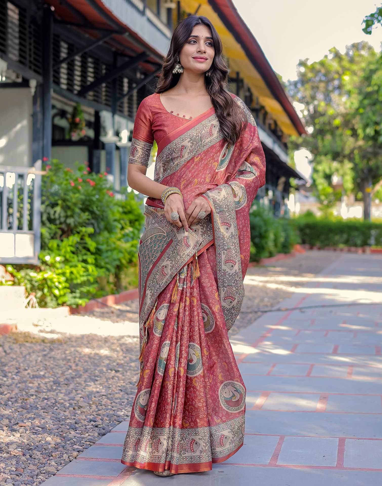 Coral Red Shimmer Silk Printed Kalamkari Saree