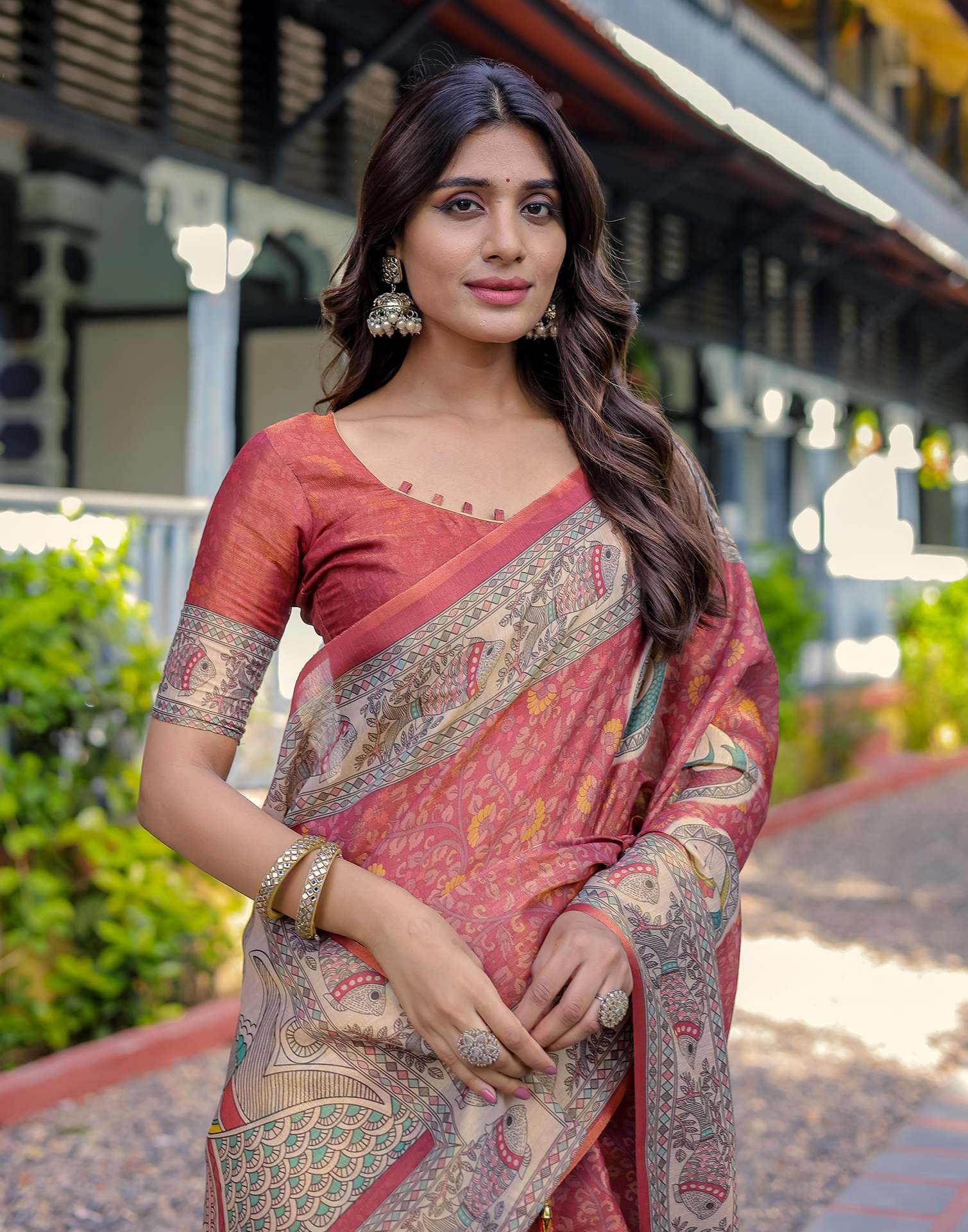 Coral Red Shimmer Silk Printed Kalamkari Saree