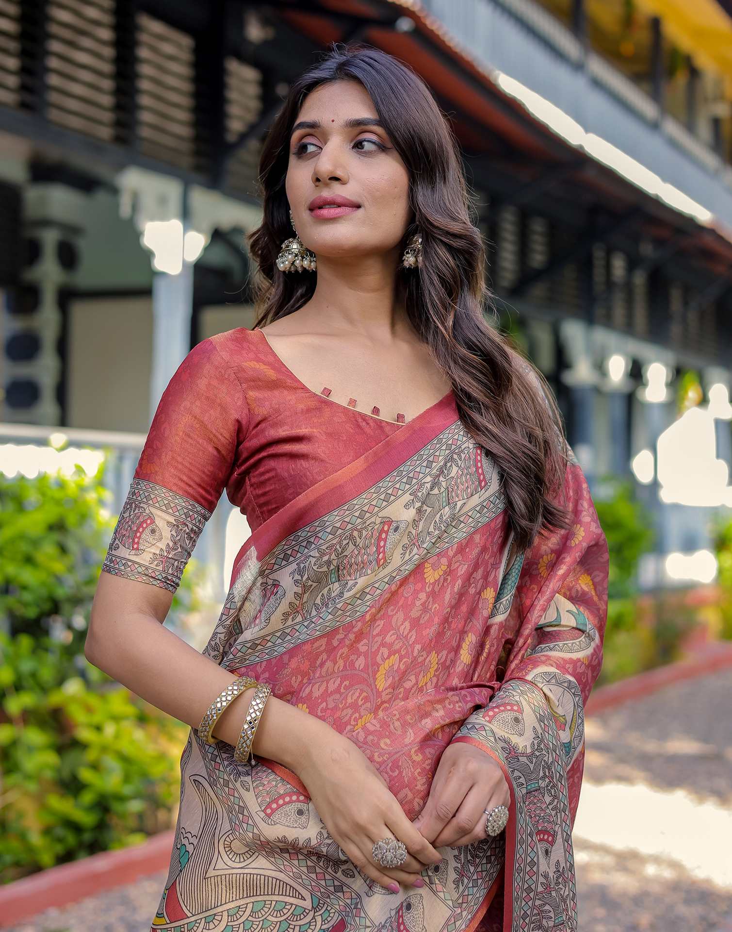 Coral Red Shimmer Silk Printed Kalamkari Saree