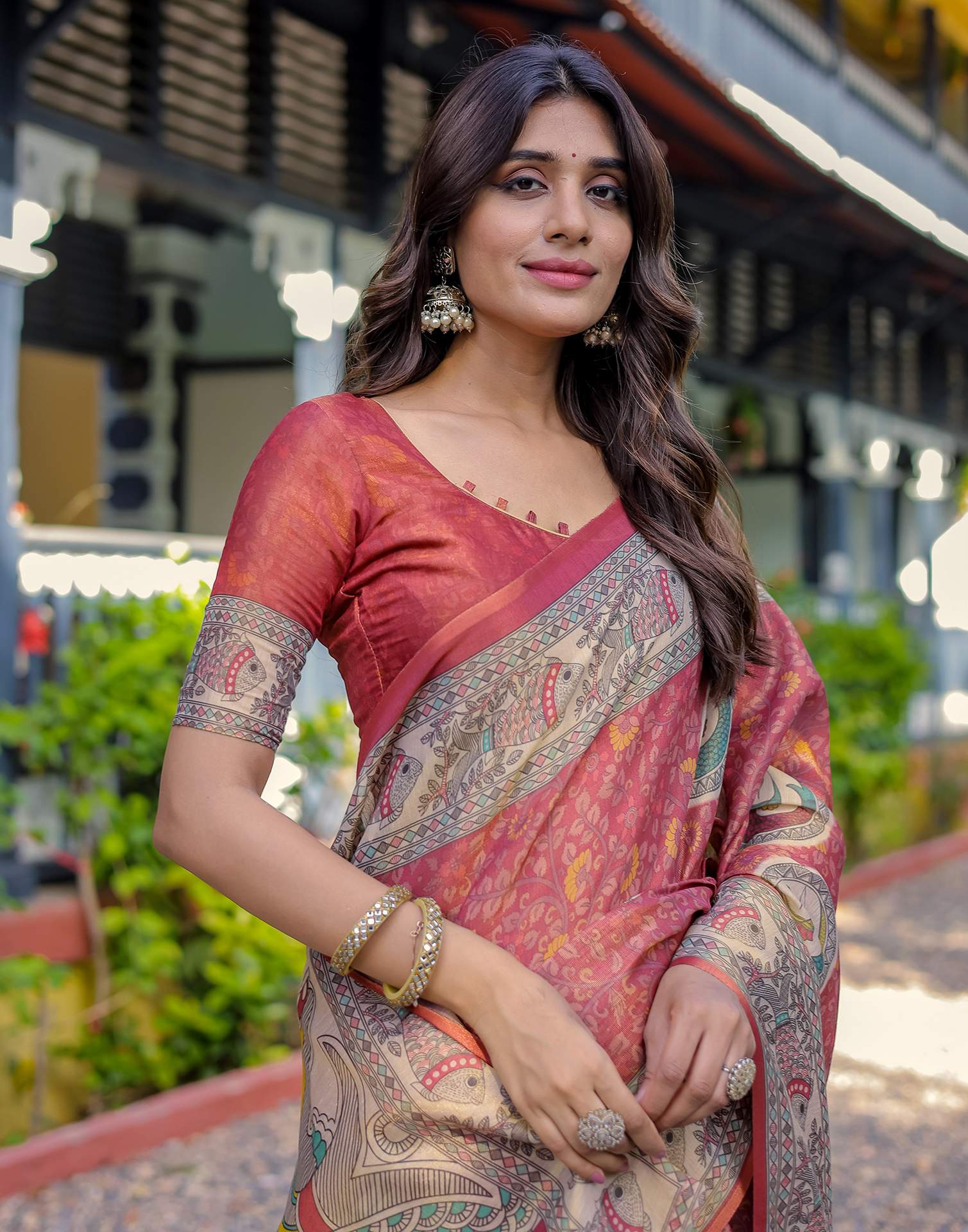 Coral Red Shimmer Silk Printed Kalamkari Saree