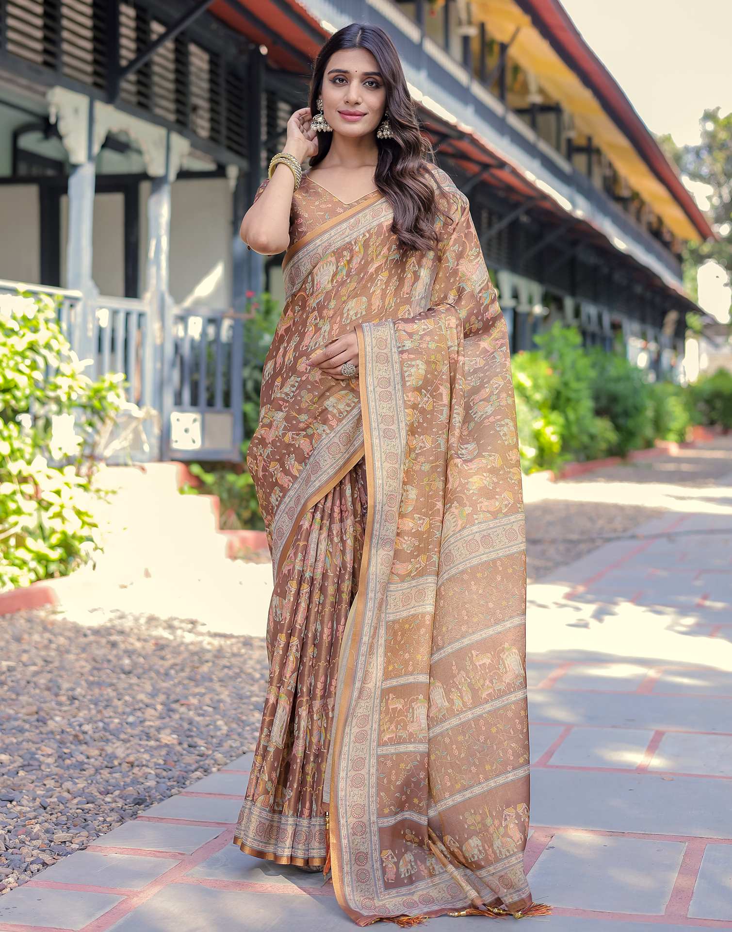 Brown Shimmer Silk Printed Saree