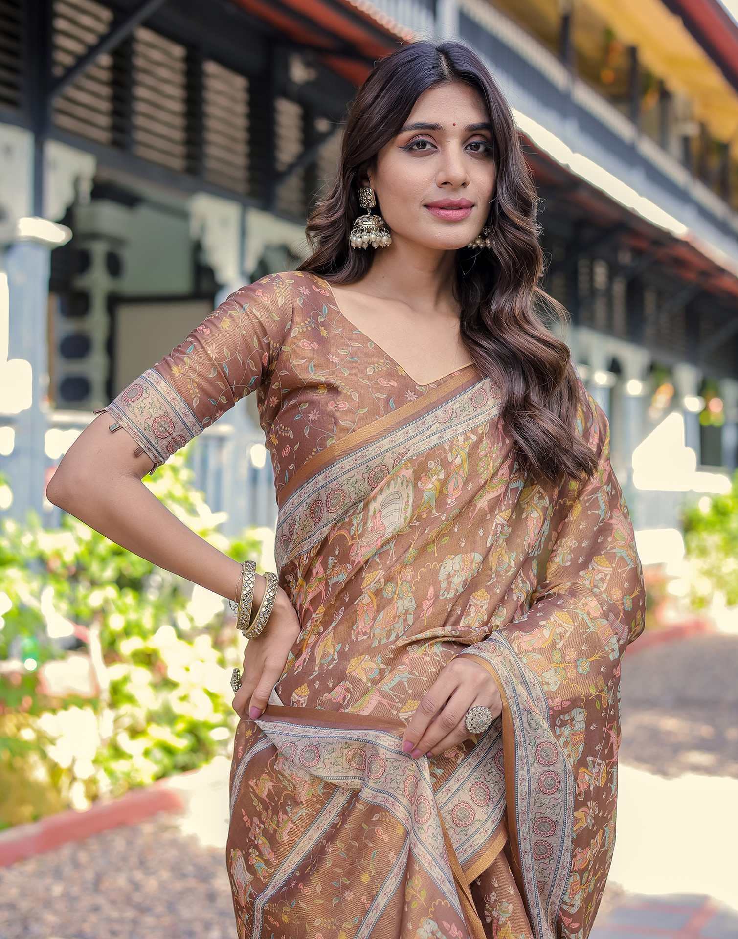Brown Shimmer Silk Printed Saree