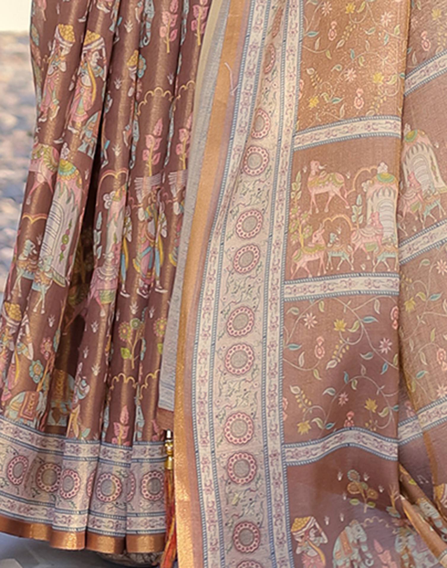 Brown Shimmer Silk Printed Saree