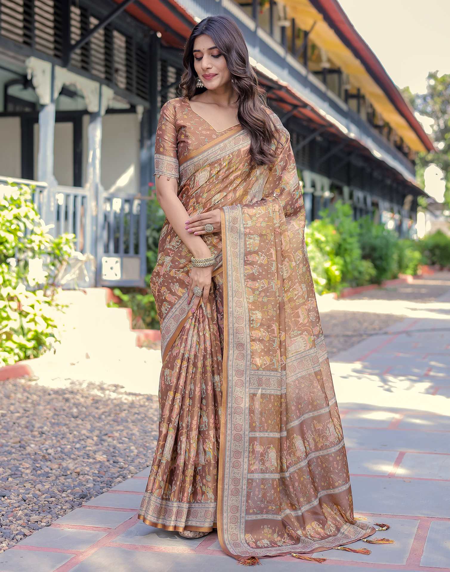 Brown Shimmer Silk Printed Saree